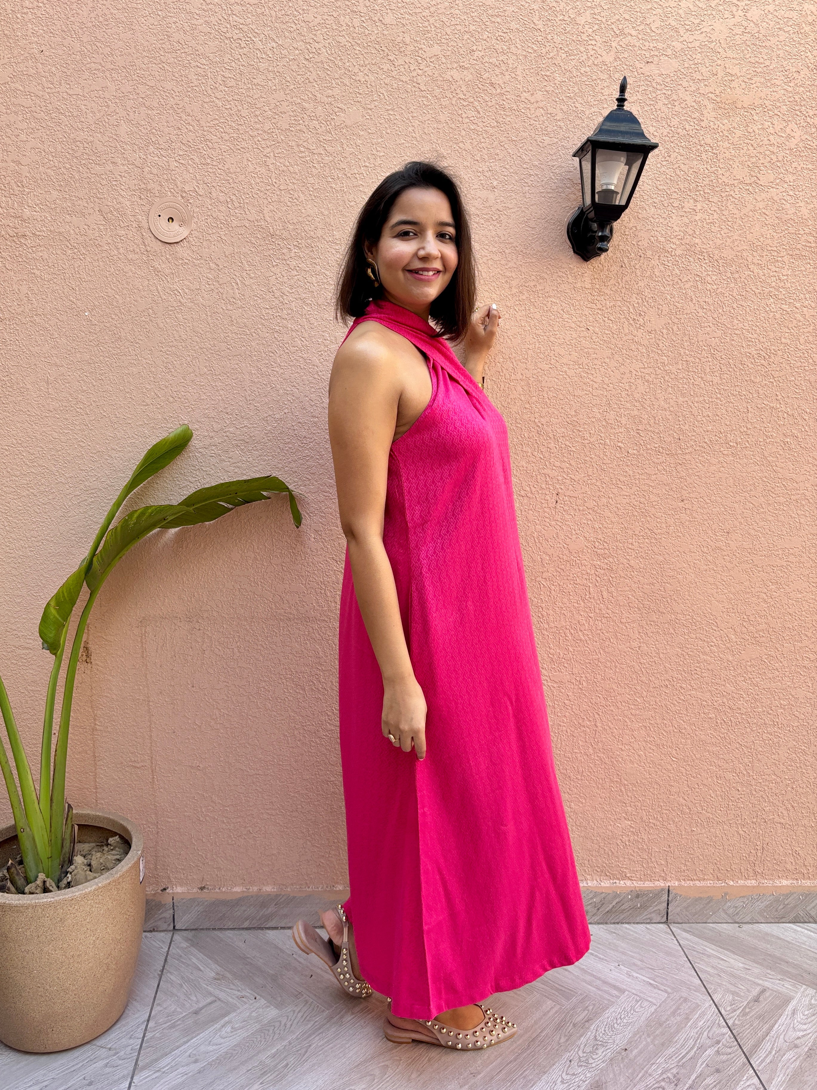 Hot Pink Twisted Halter Maxi Dress