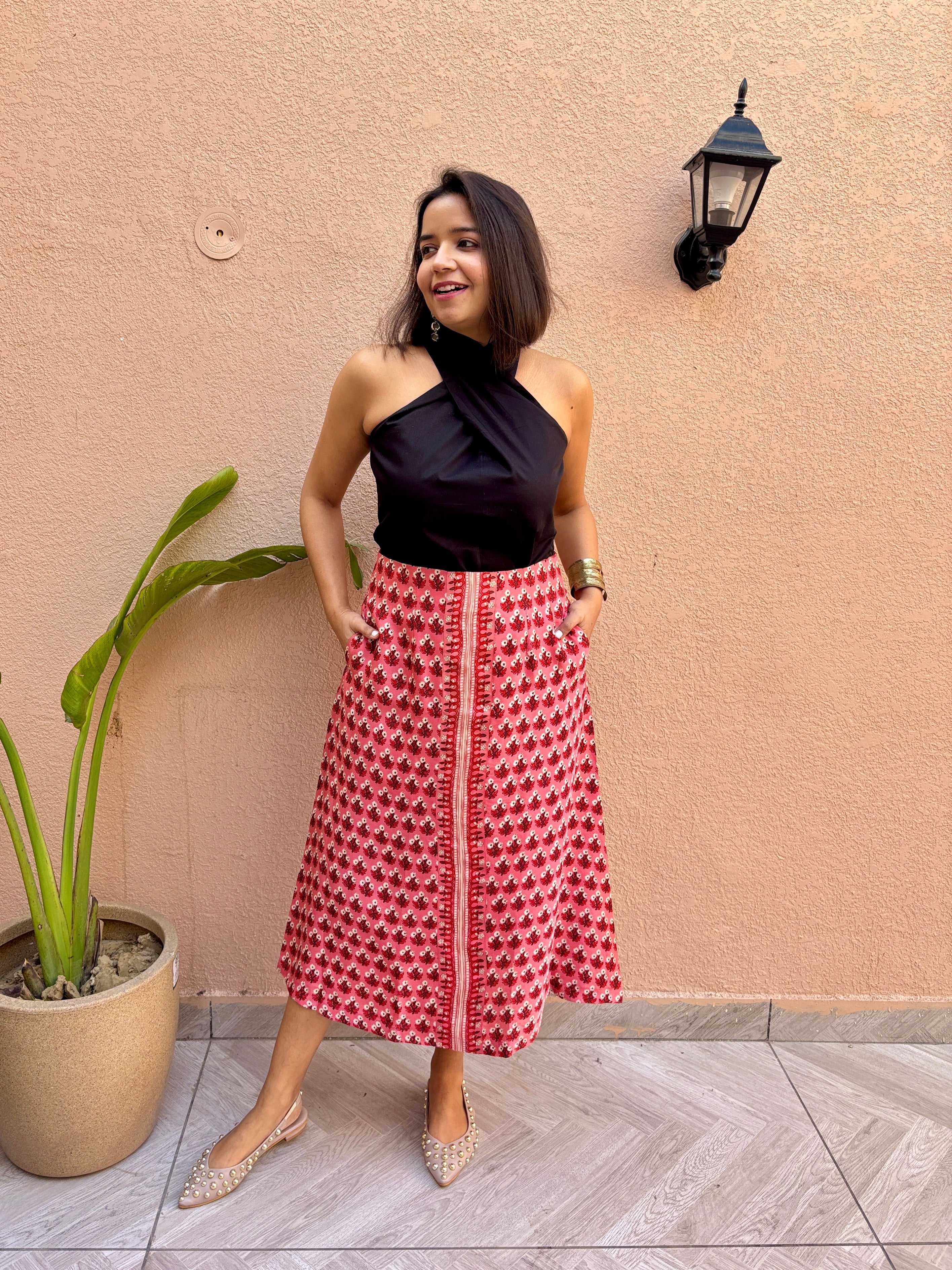 Red Ditsy Floral A-Line Skirt with Pockets