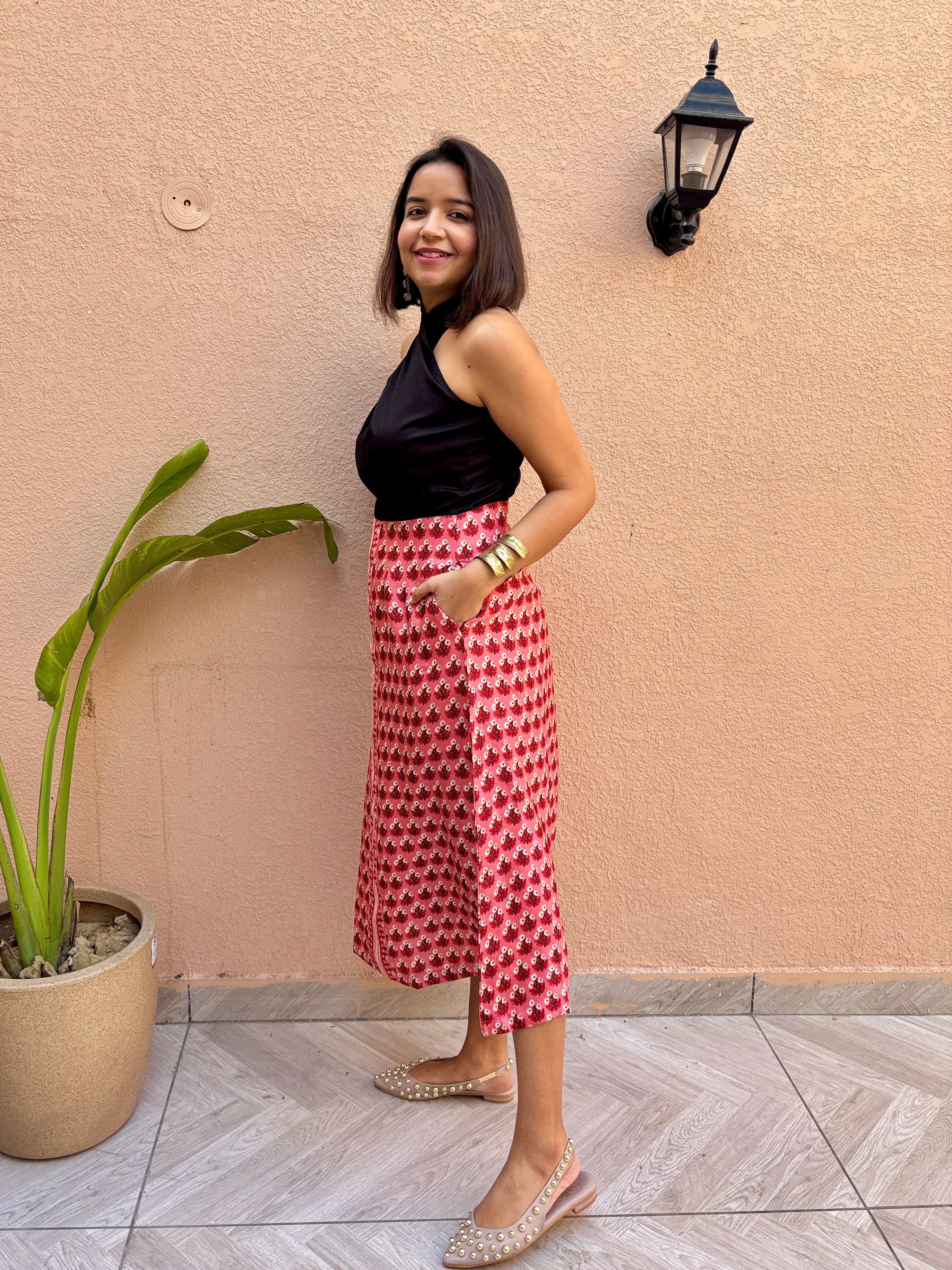 Red Ditsy Floral A-Line Skirt with Pockets