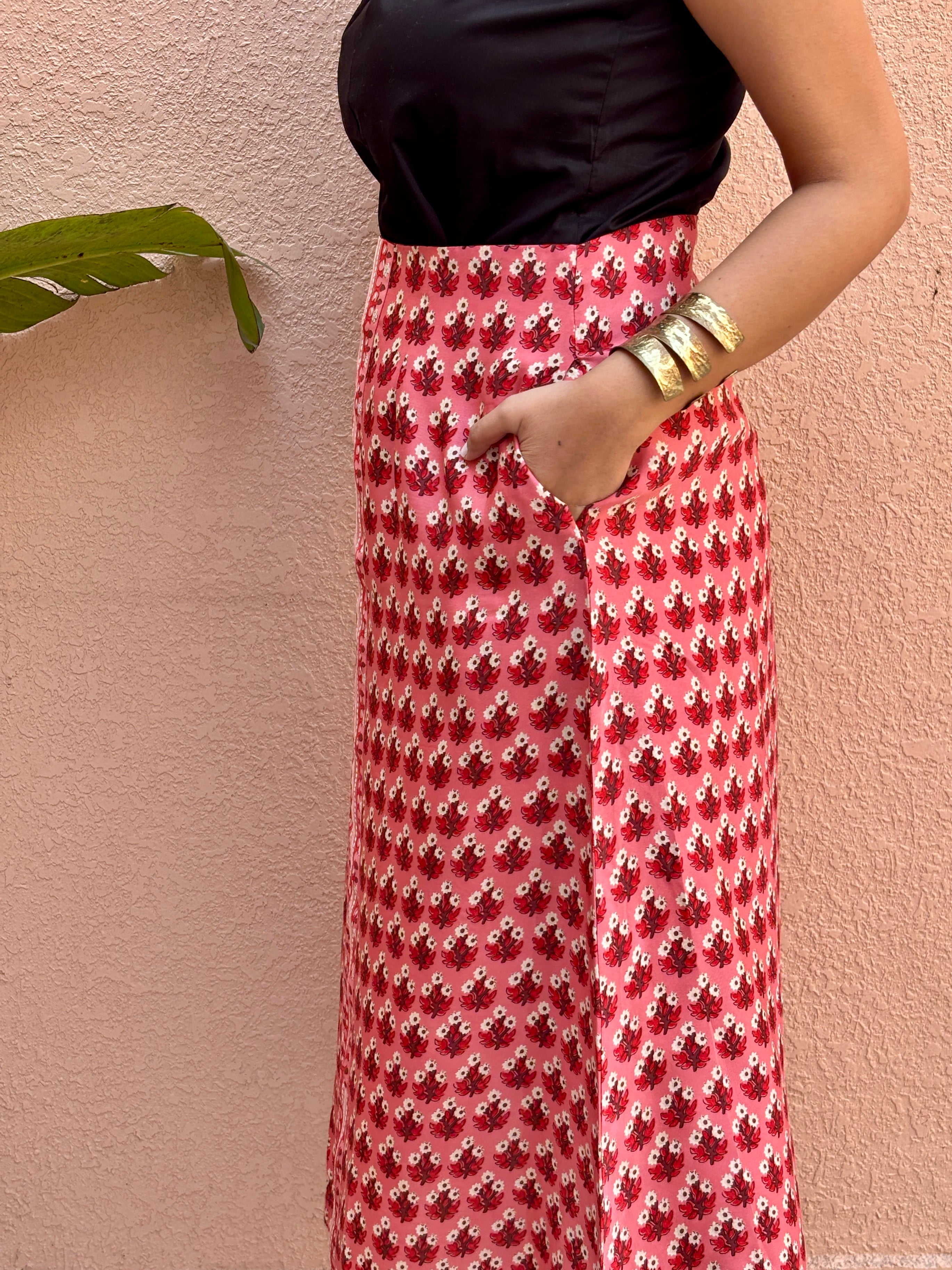 Red Ditsy Floral A-Line Skirt with Pockets