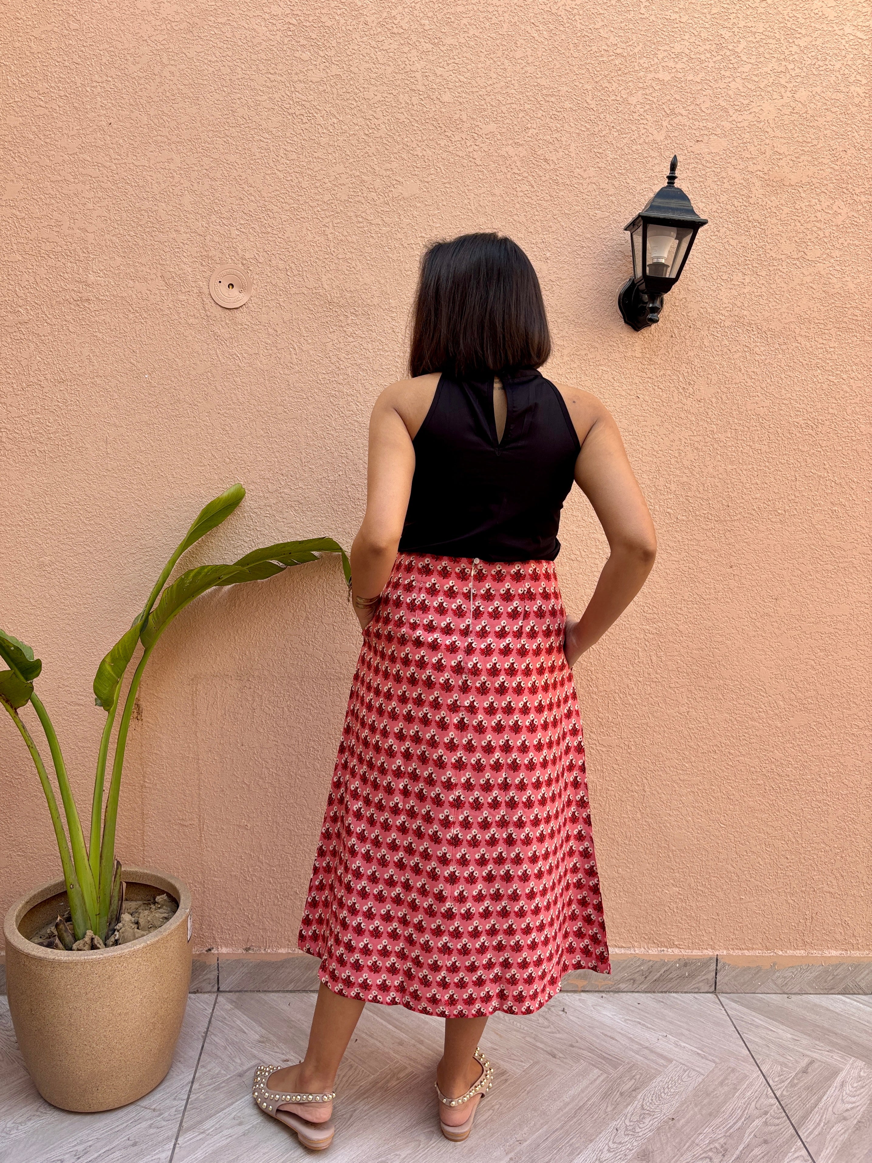 Red Ditsy Floral A-Line Skirt with Pockets