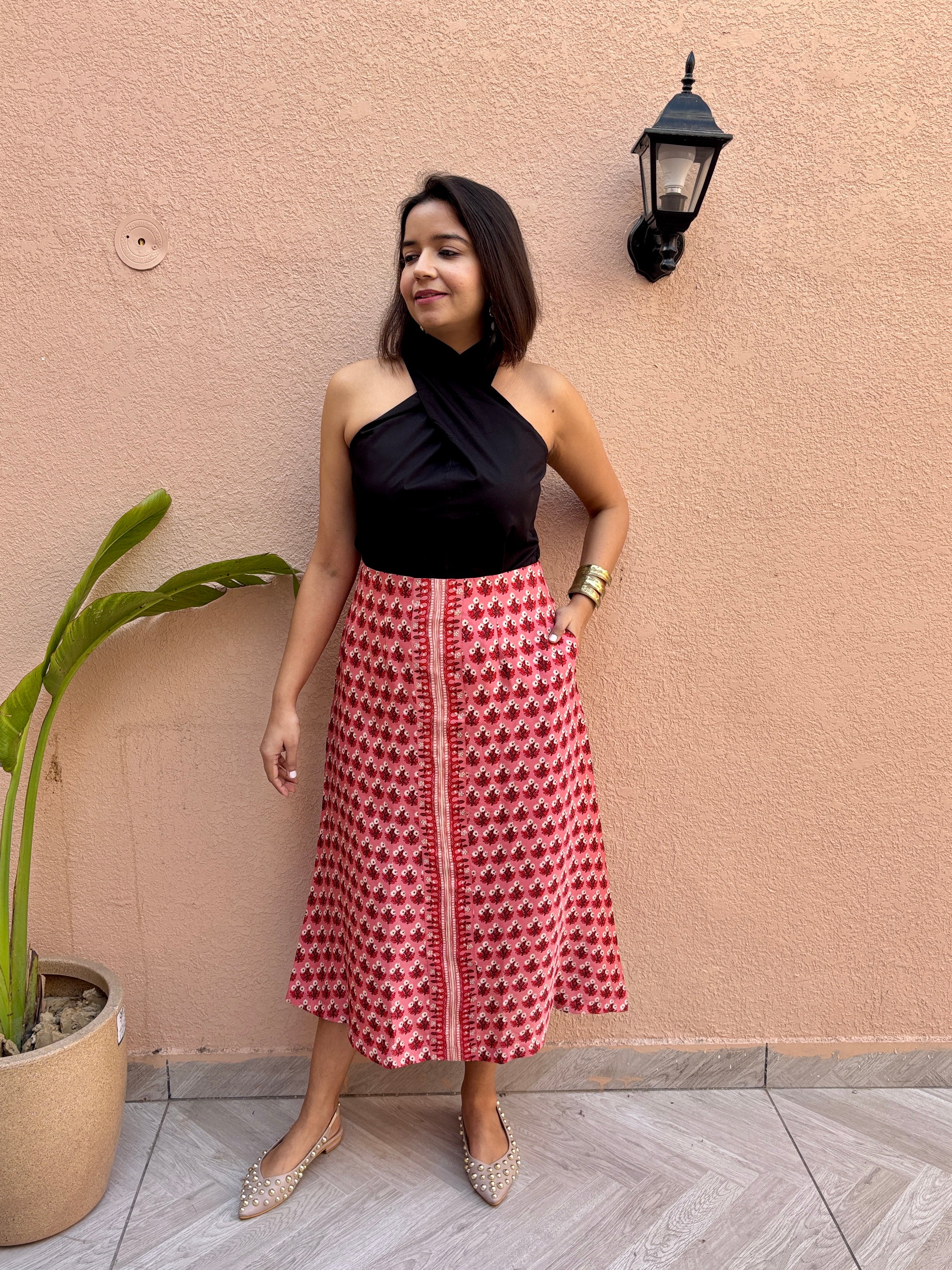 Red Ditsy Floral A-Line Skirt with Pockets