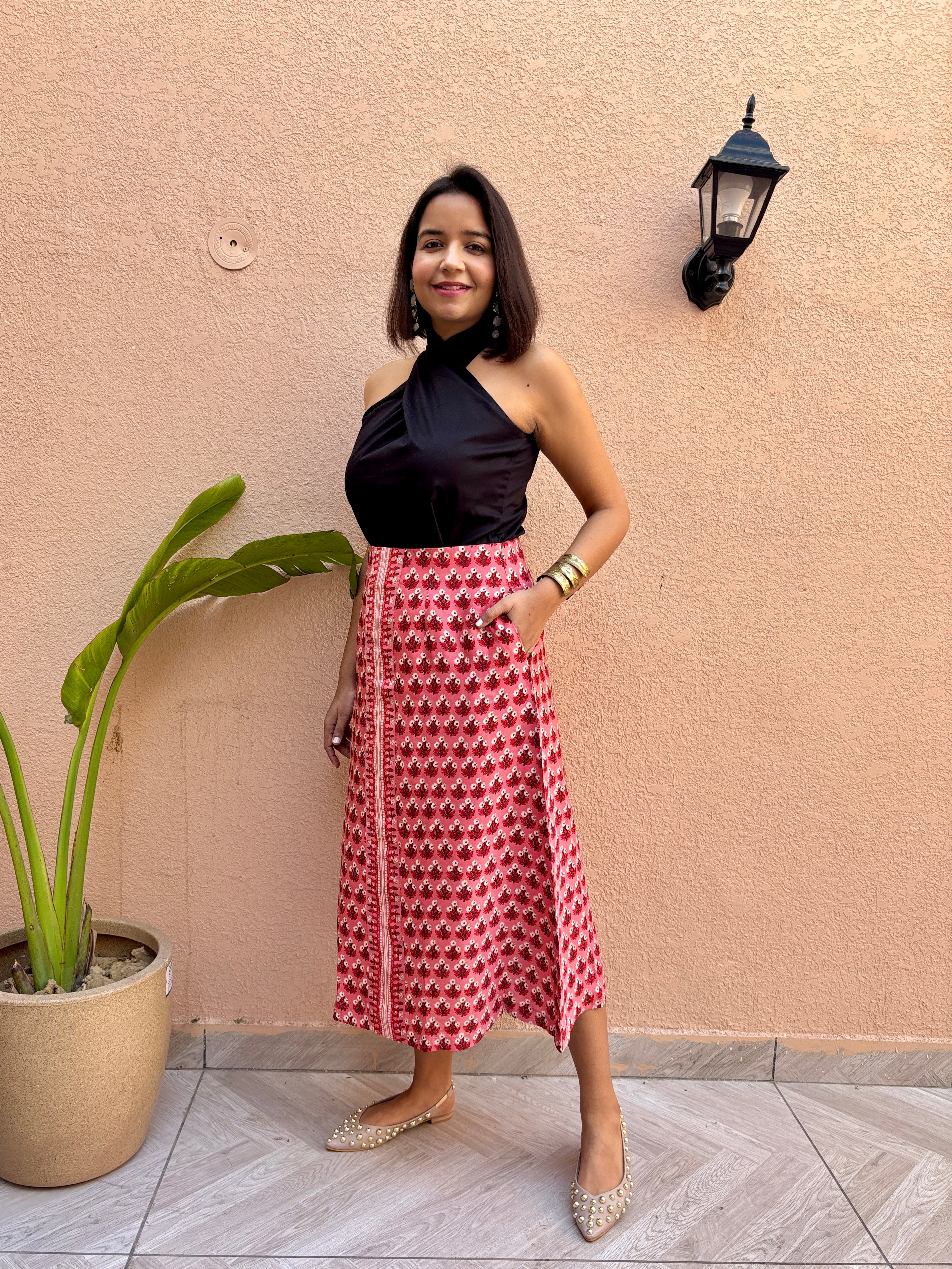 Red Ditsy Floral A-Line Skirt with Pockets