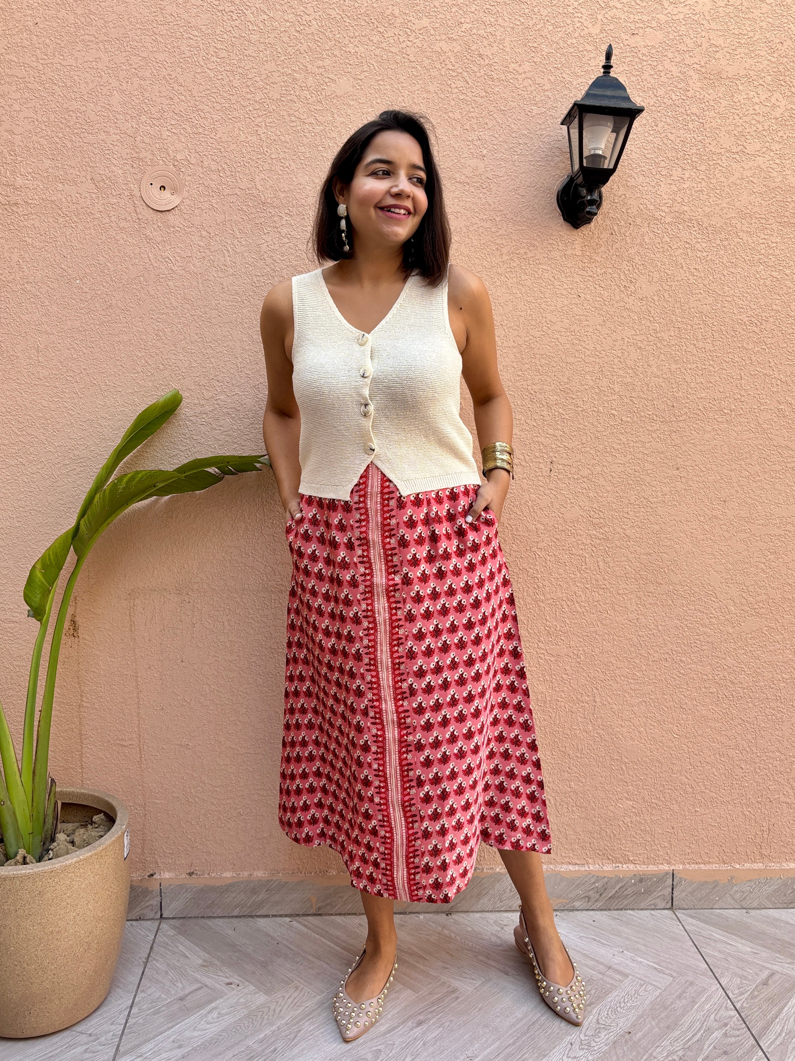 Red Ditsy Floral A-Line Skirt with Pockets