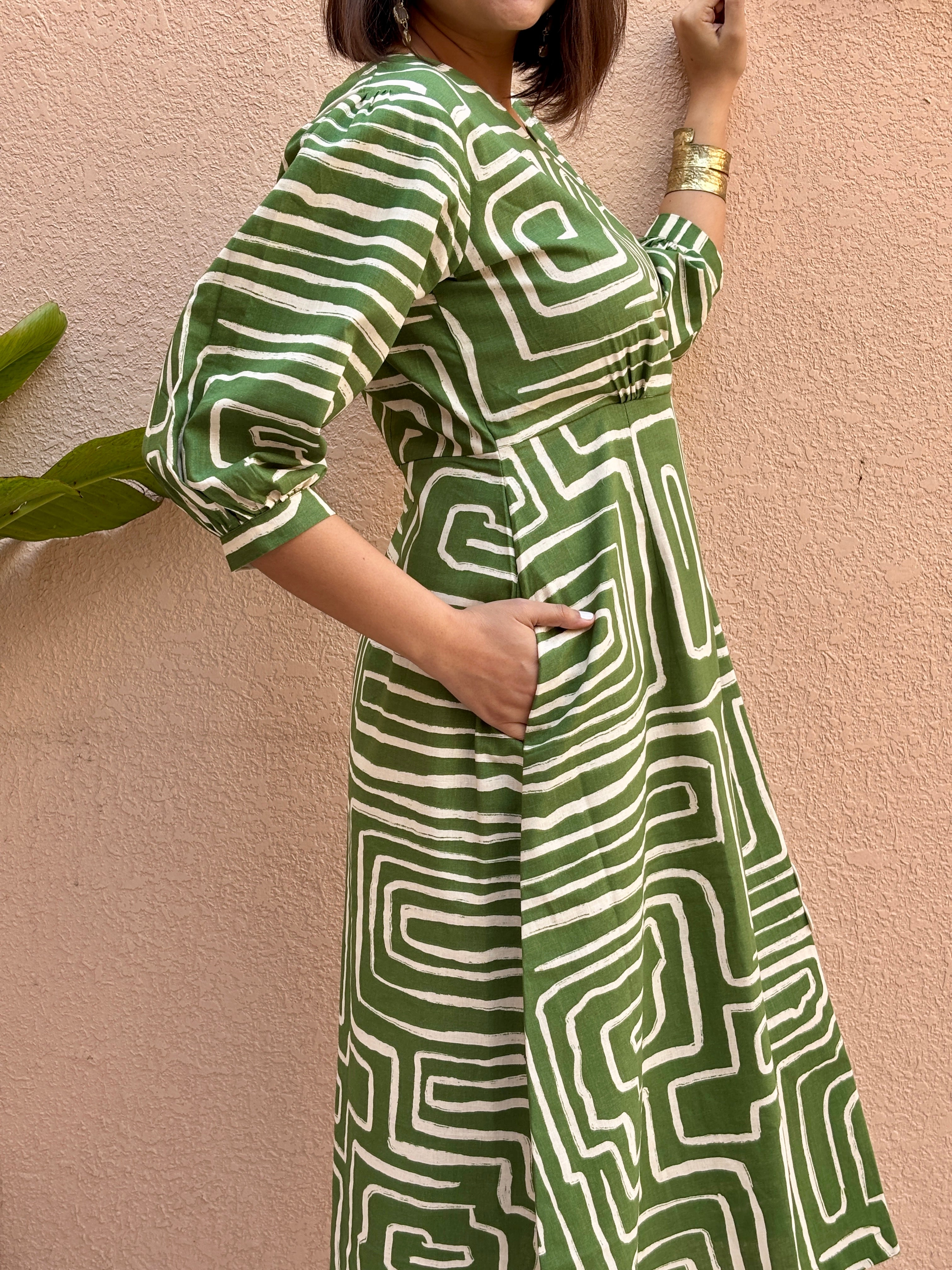 Olive Maze Appliqué Cotton-Linen A-Line Midi Dress