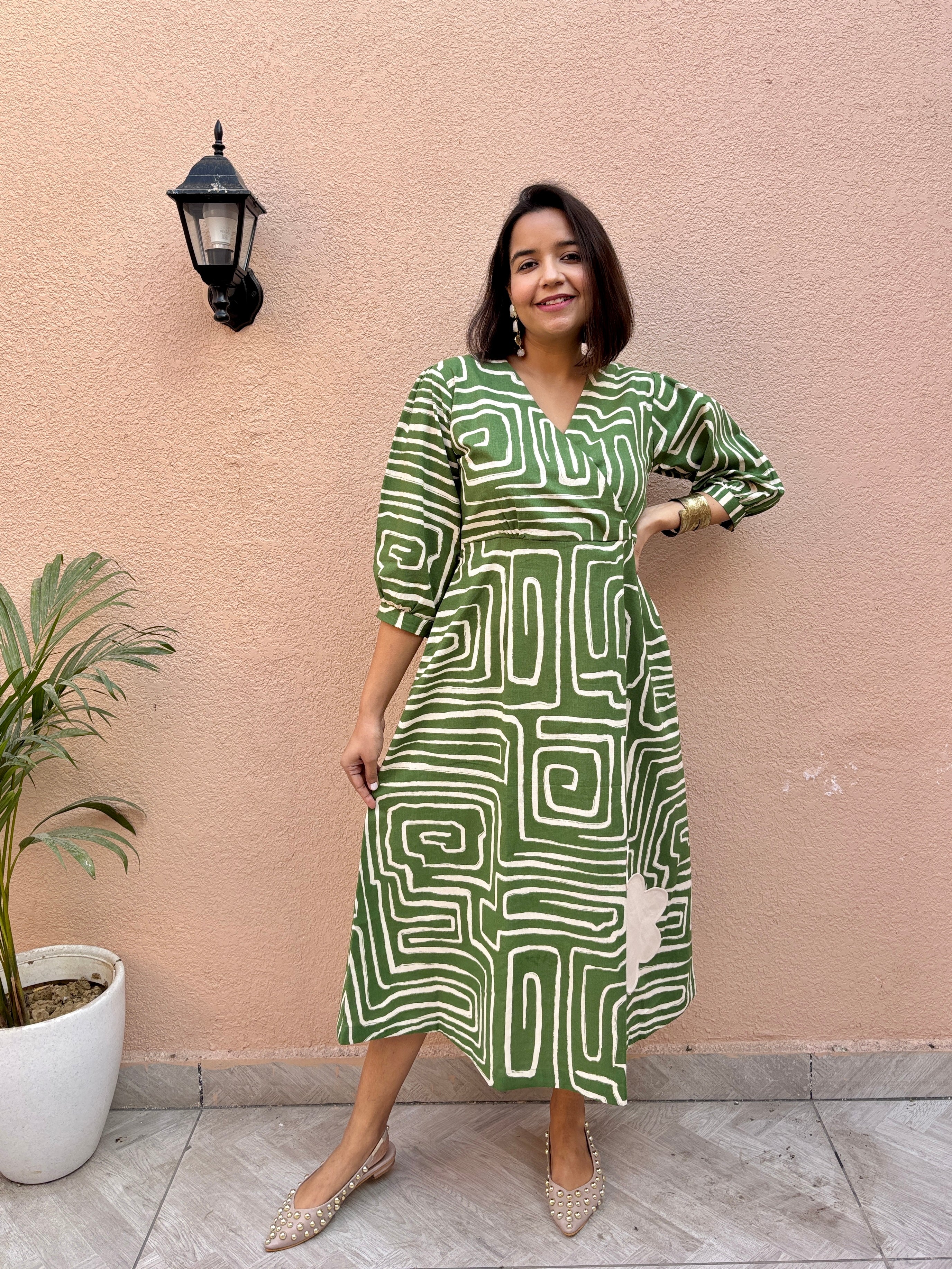 Olive Maze Appliqué Cotton-Linen A-Line Midi Dress