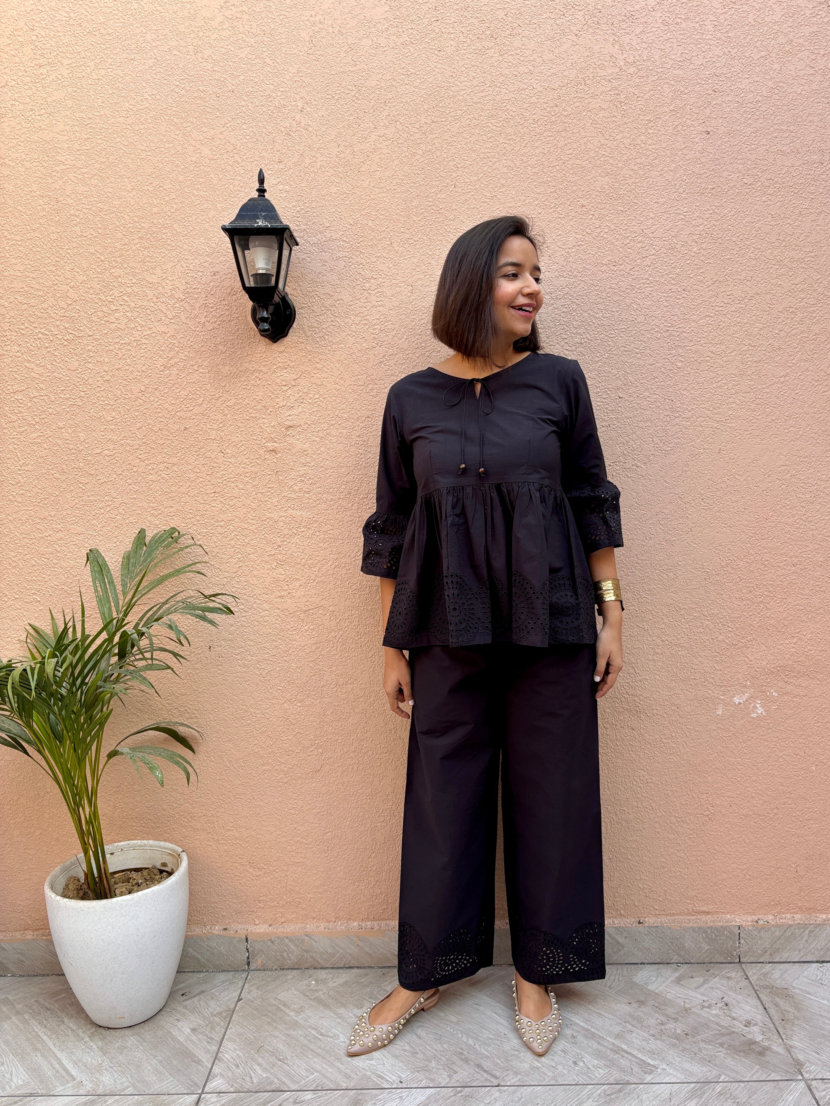 Black Cotton Schiffli Co-ord Set