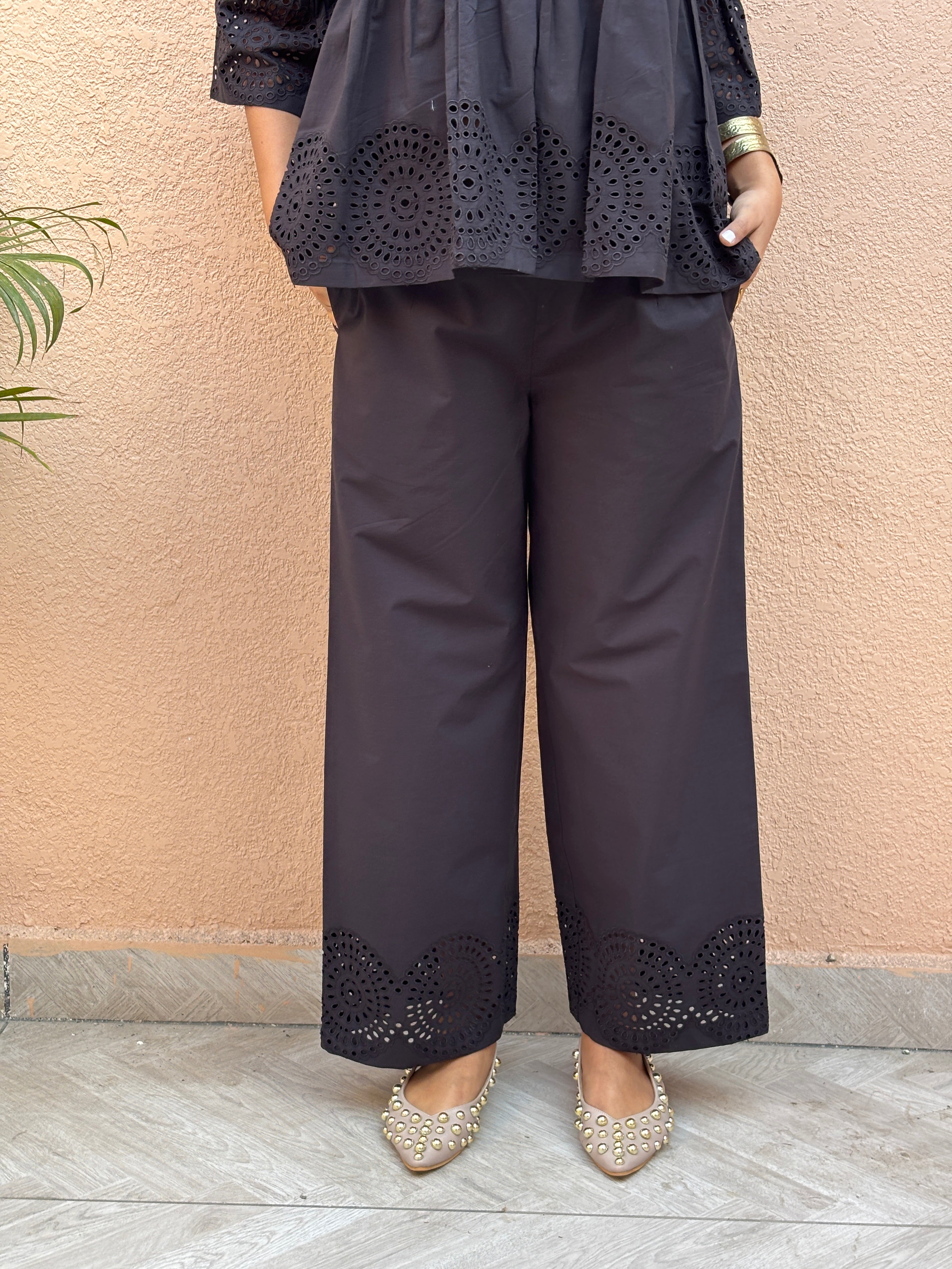 Black Cotton Schiffli Co-ord Set