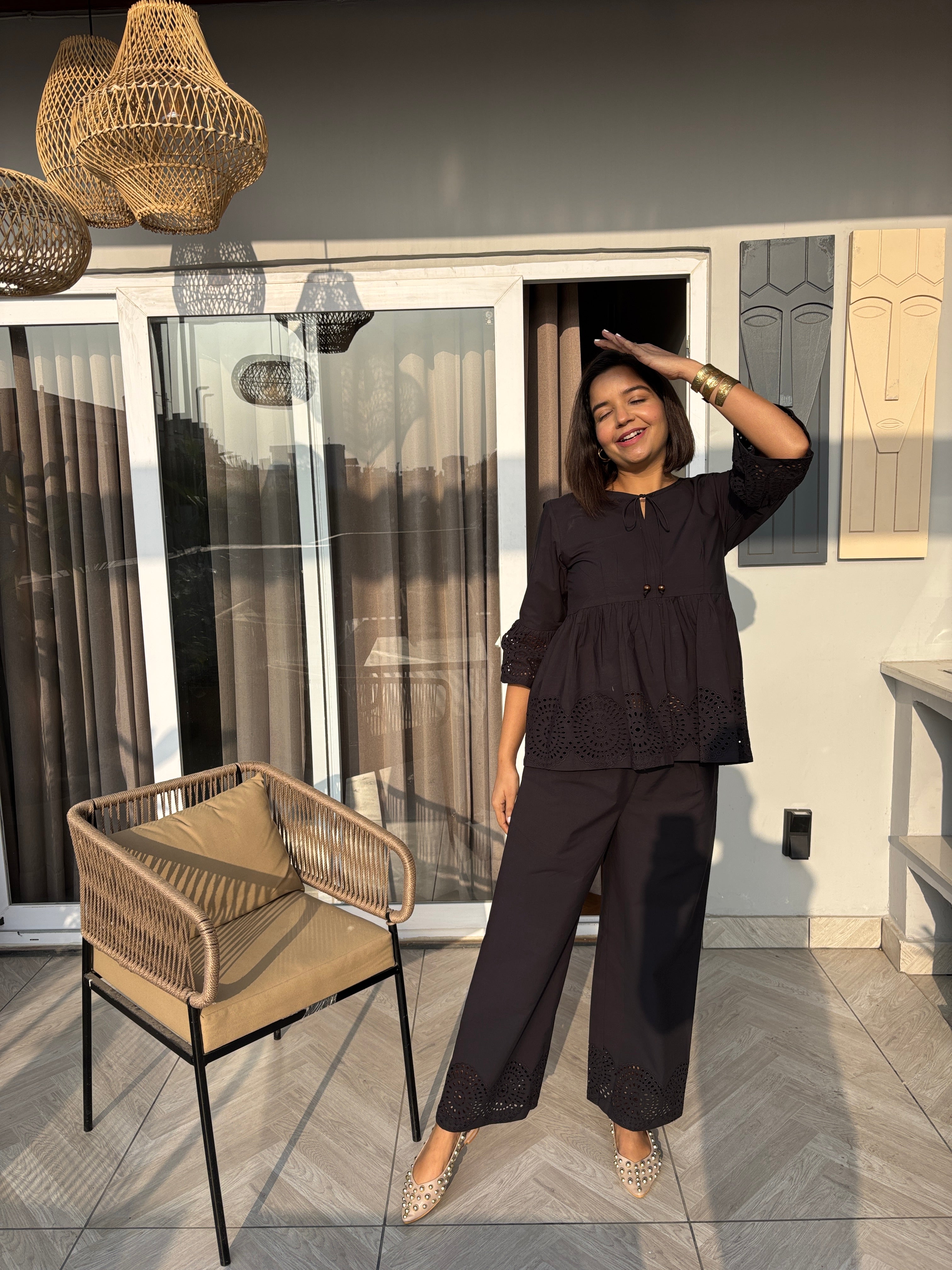 Black Cotton Schiffli Co-ord Set