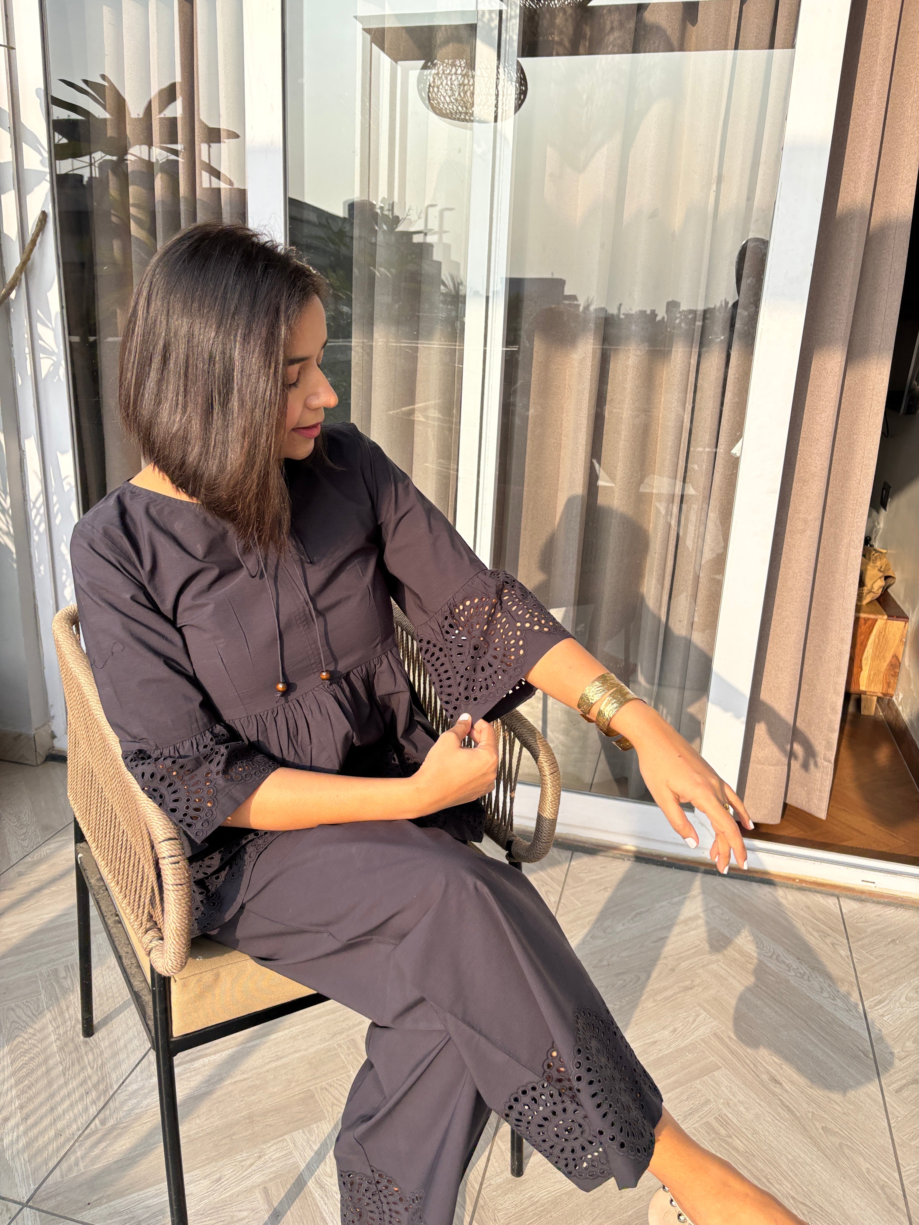 Black Cotton Schiffli Co-ord Set