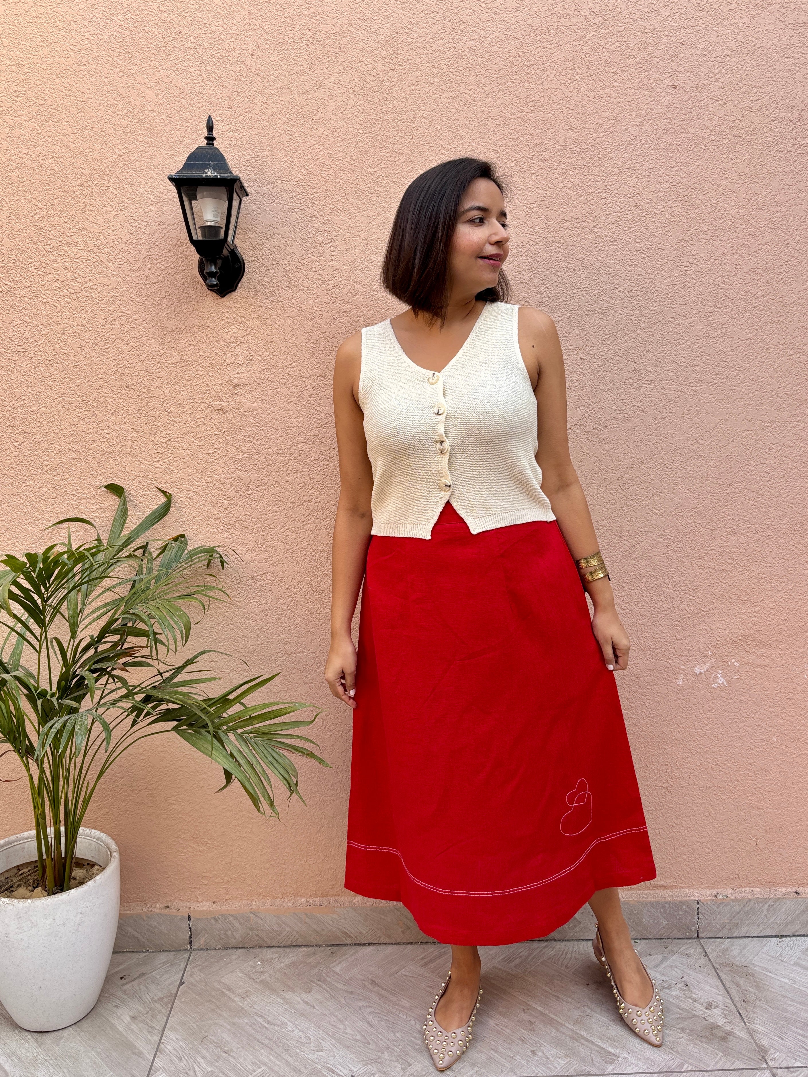 Red Embroidered Cotton-Linen A-Line Skirt