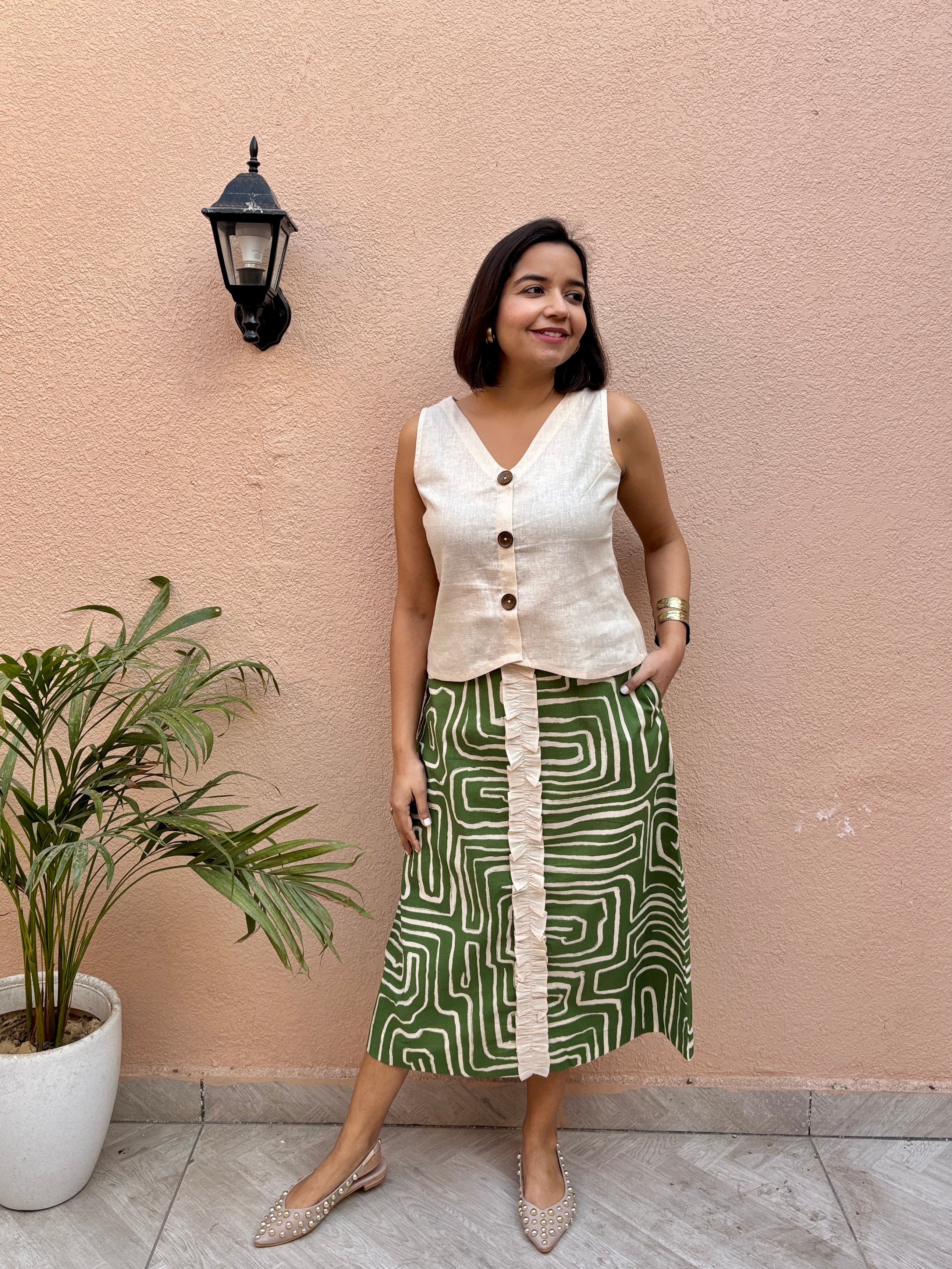 Olive Maze Print Cotton-Linen A-Line Skirt