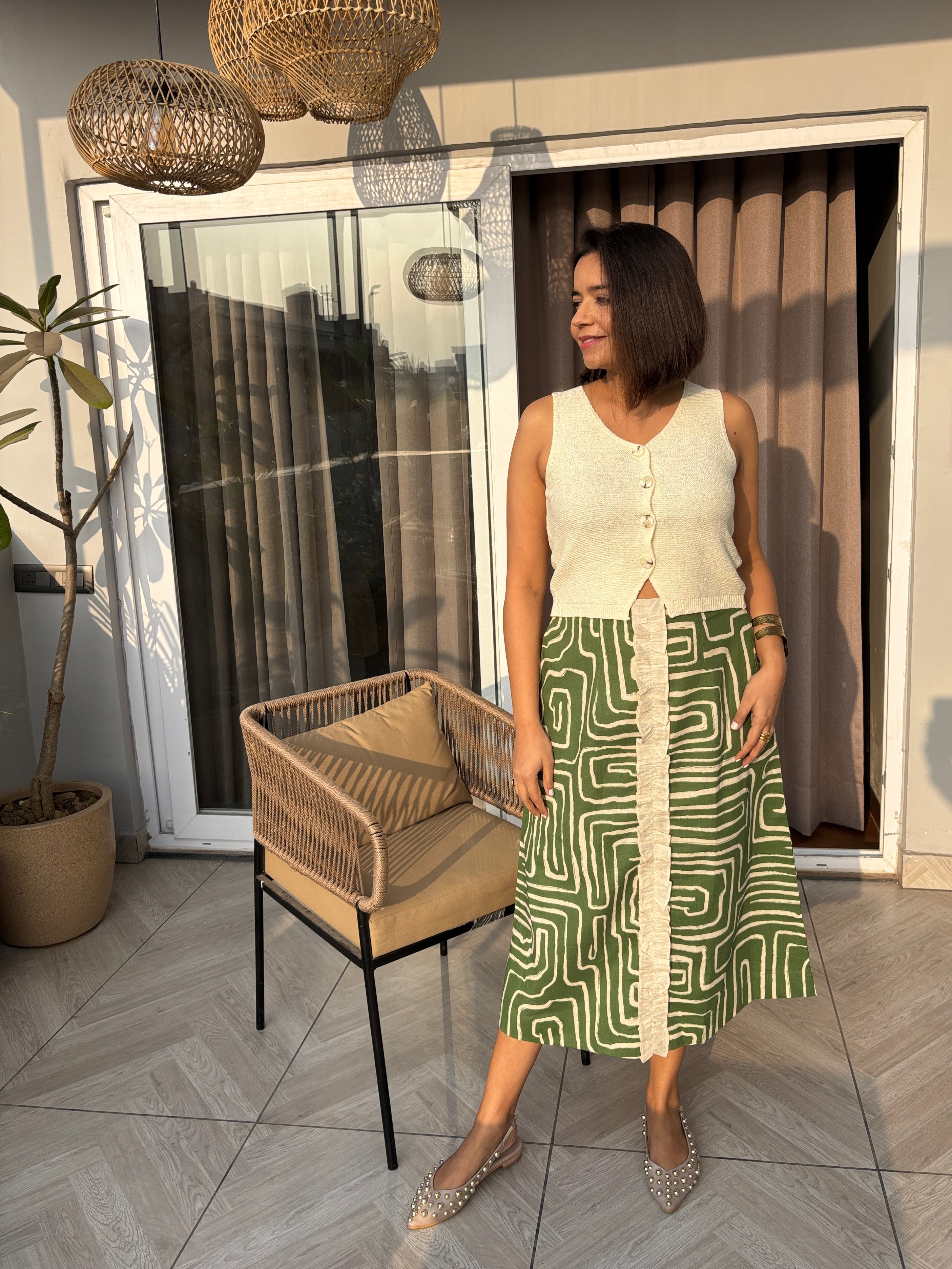 Olive Maze Print Cotton-Linen A-Line Skirt