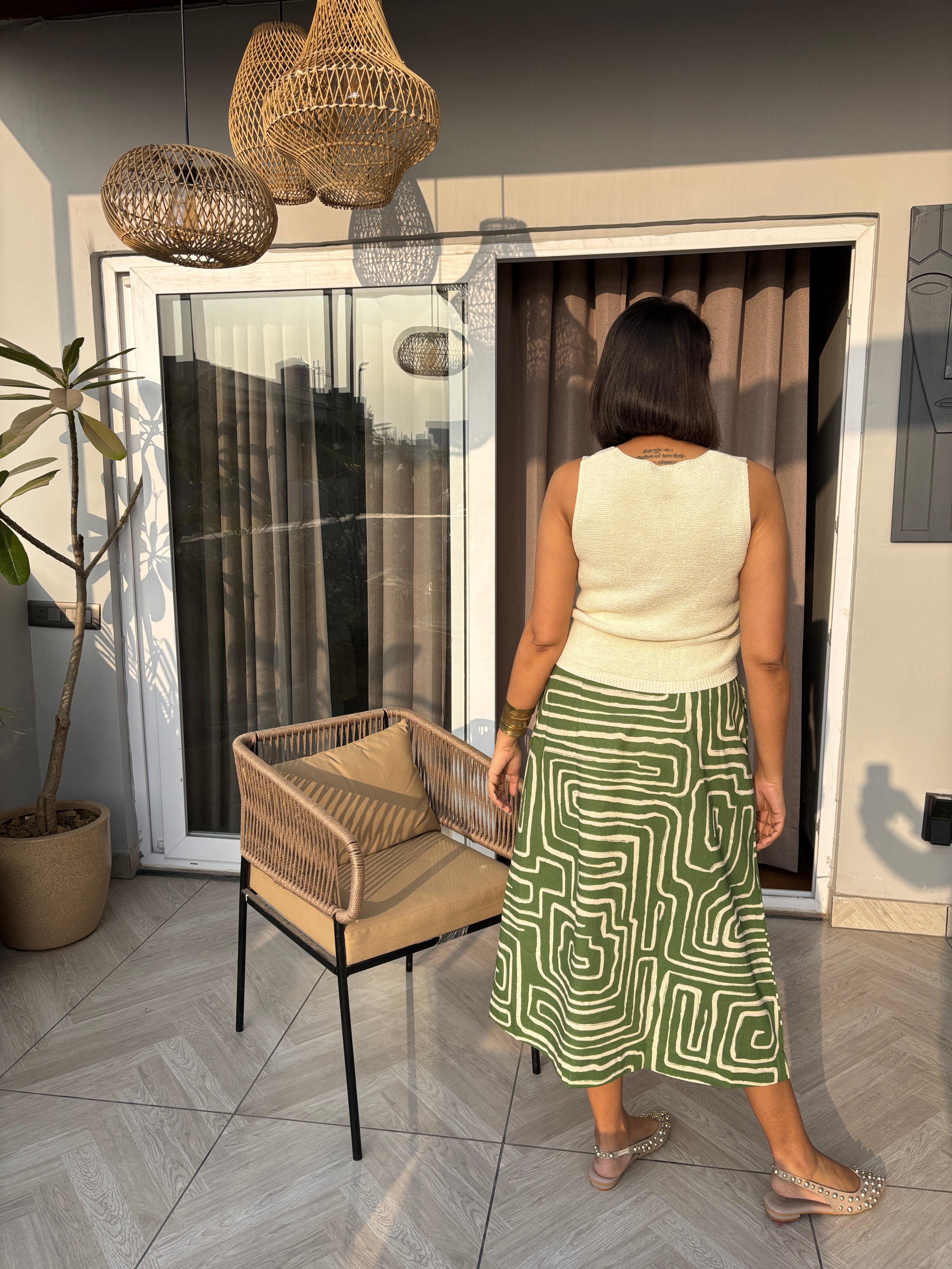 Olive Maze Print Cotton-Linen A-Line Skirt