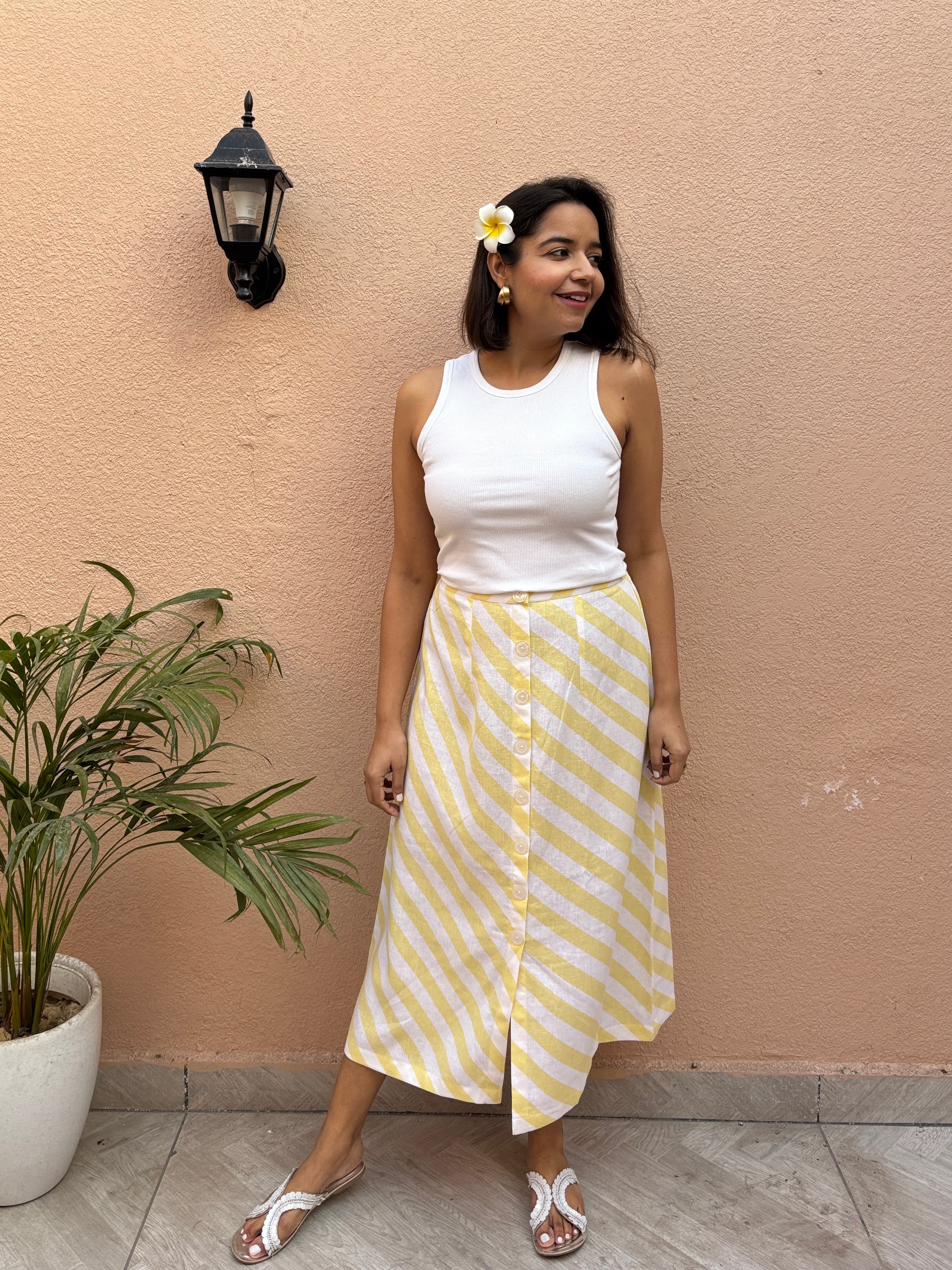 Lemon Stripe Cotton-Linen Midi Skirt