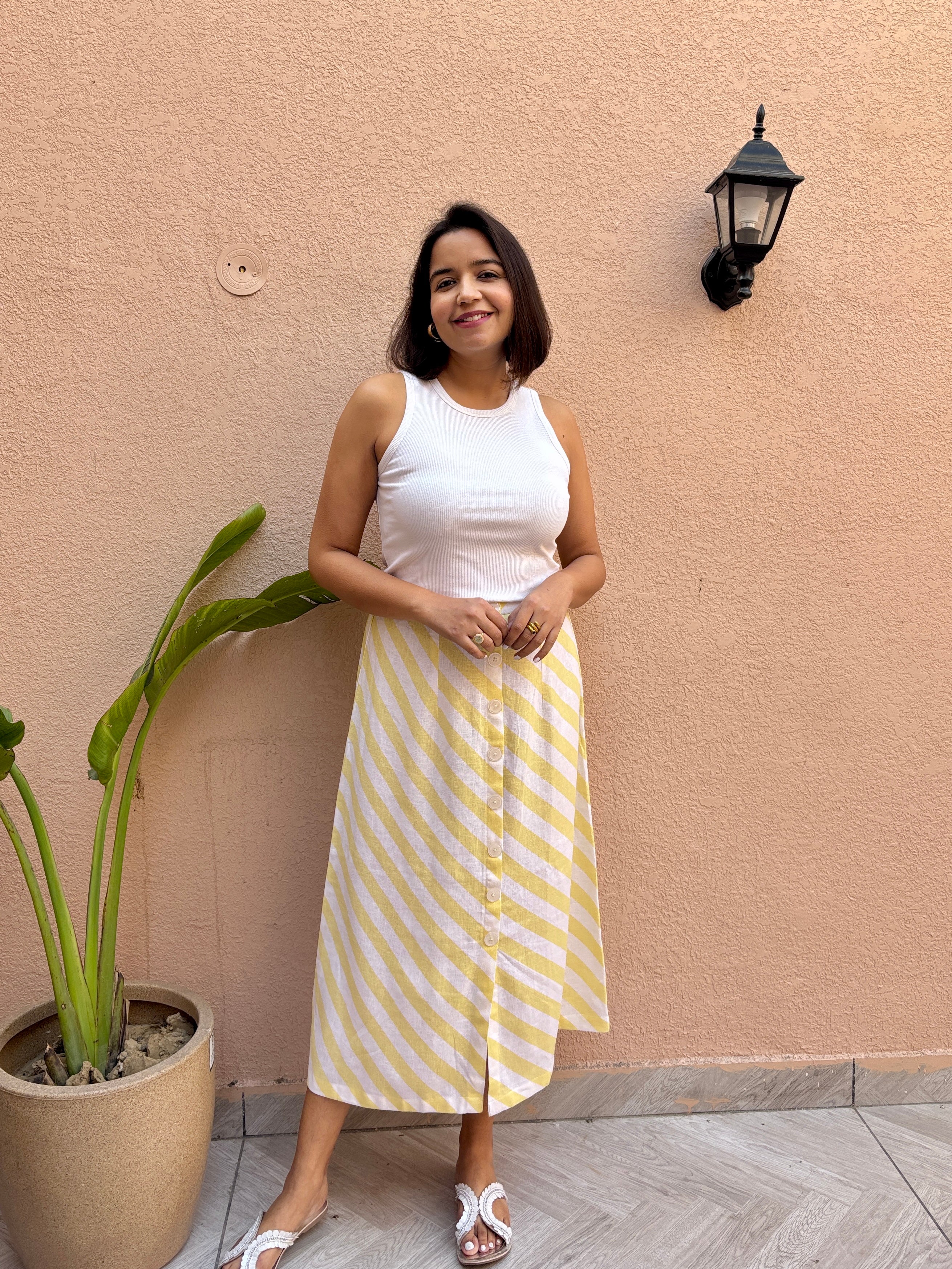 Lemon Stripe Cotton-Linen Midi Skirt