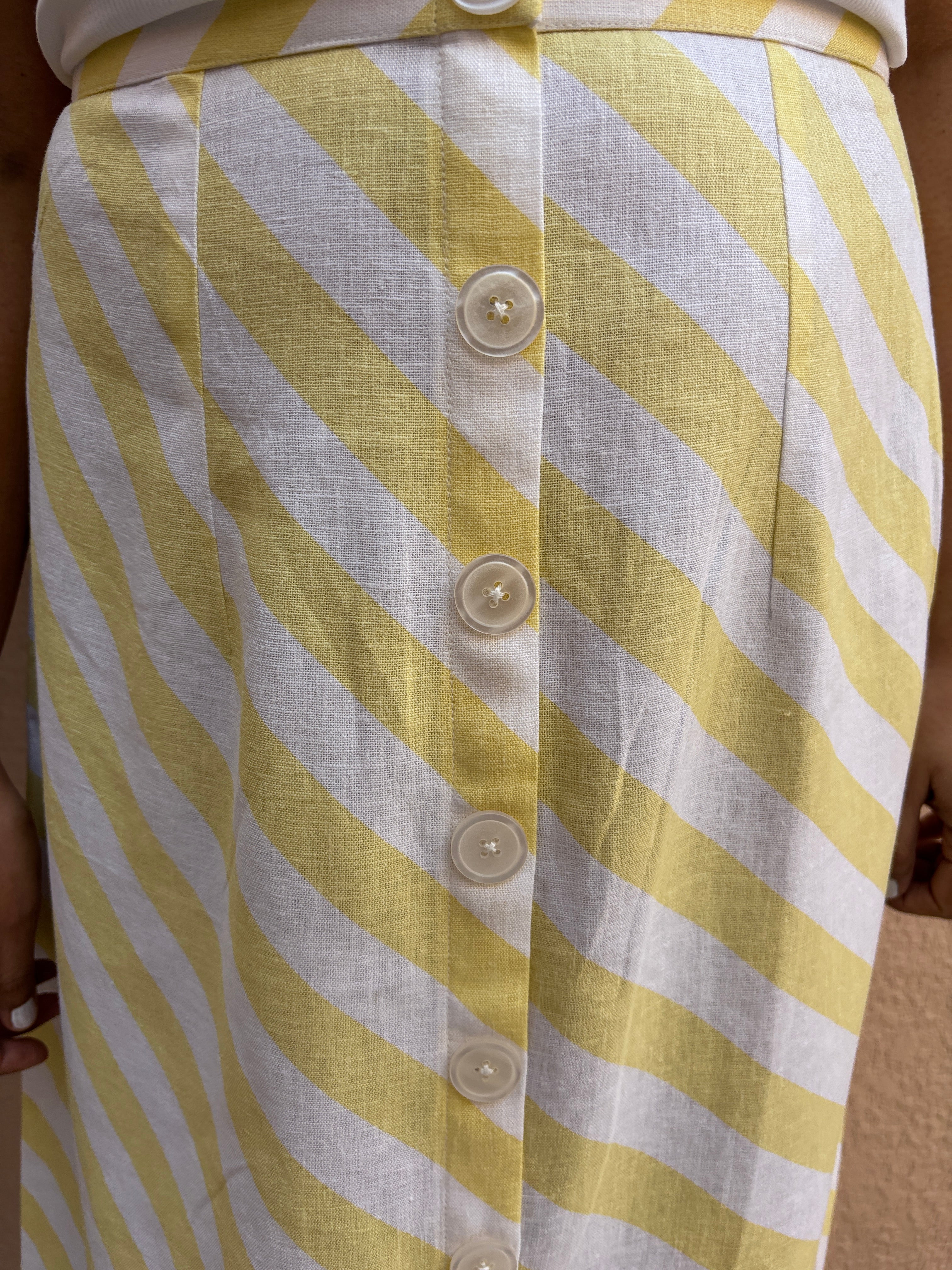 Lemon Stripe Cotton-Linen Midi Skirt