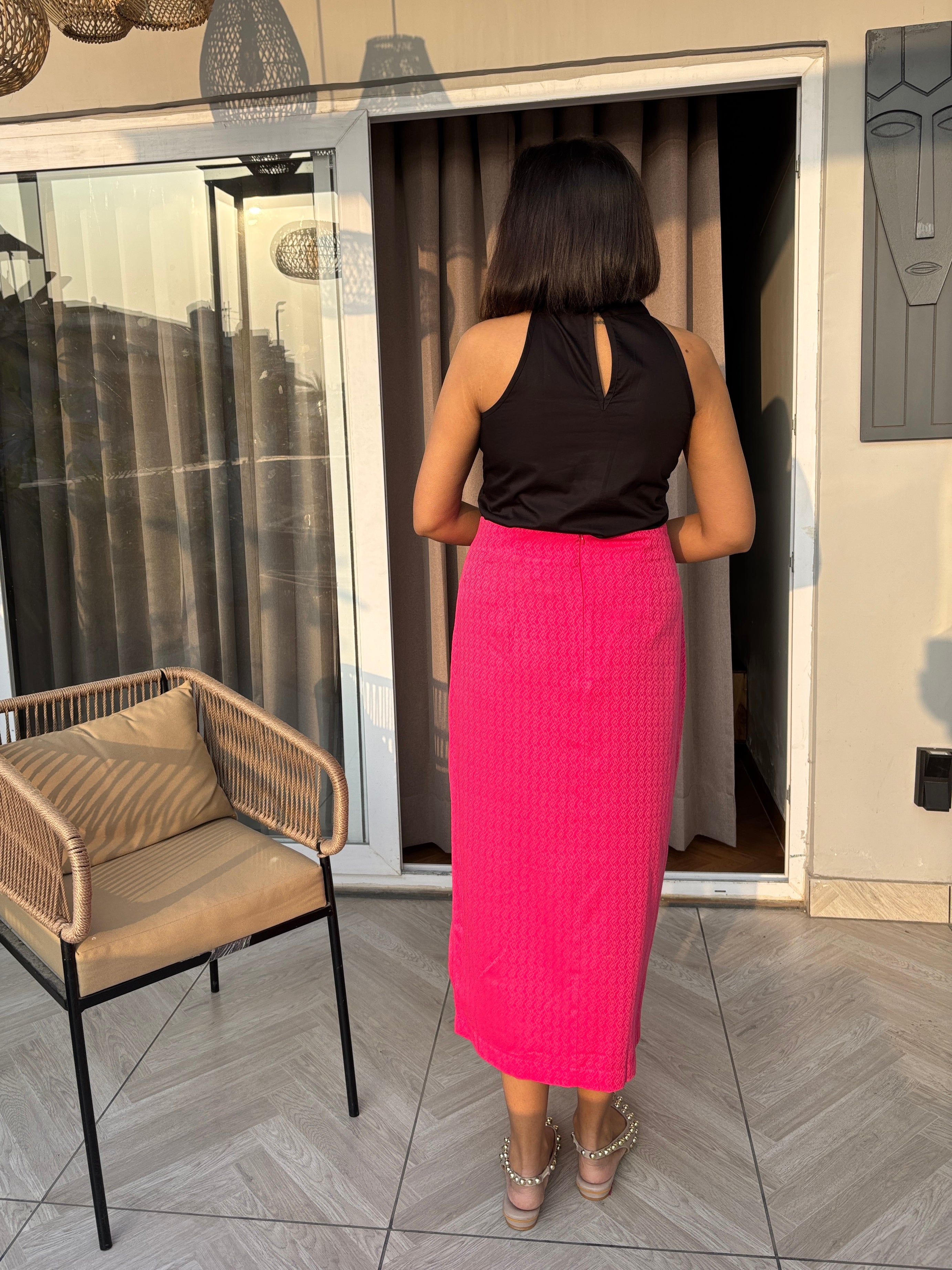 Hot Pink Front Knot Midi Skirt