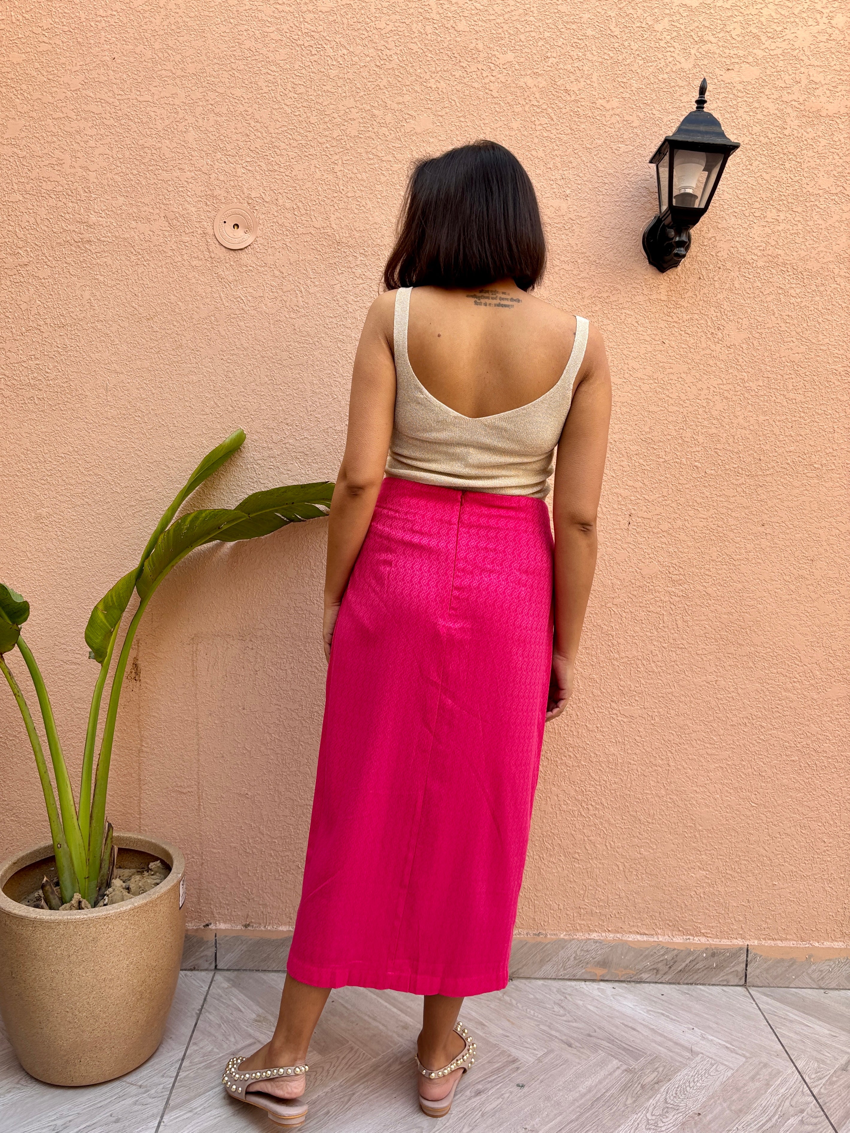 Hot Pink Front Knot Midi Skirt