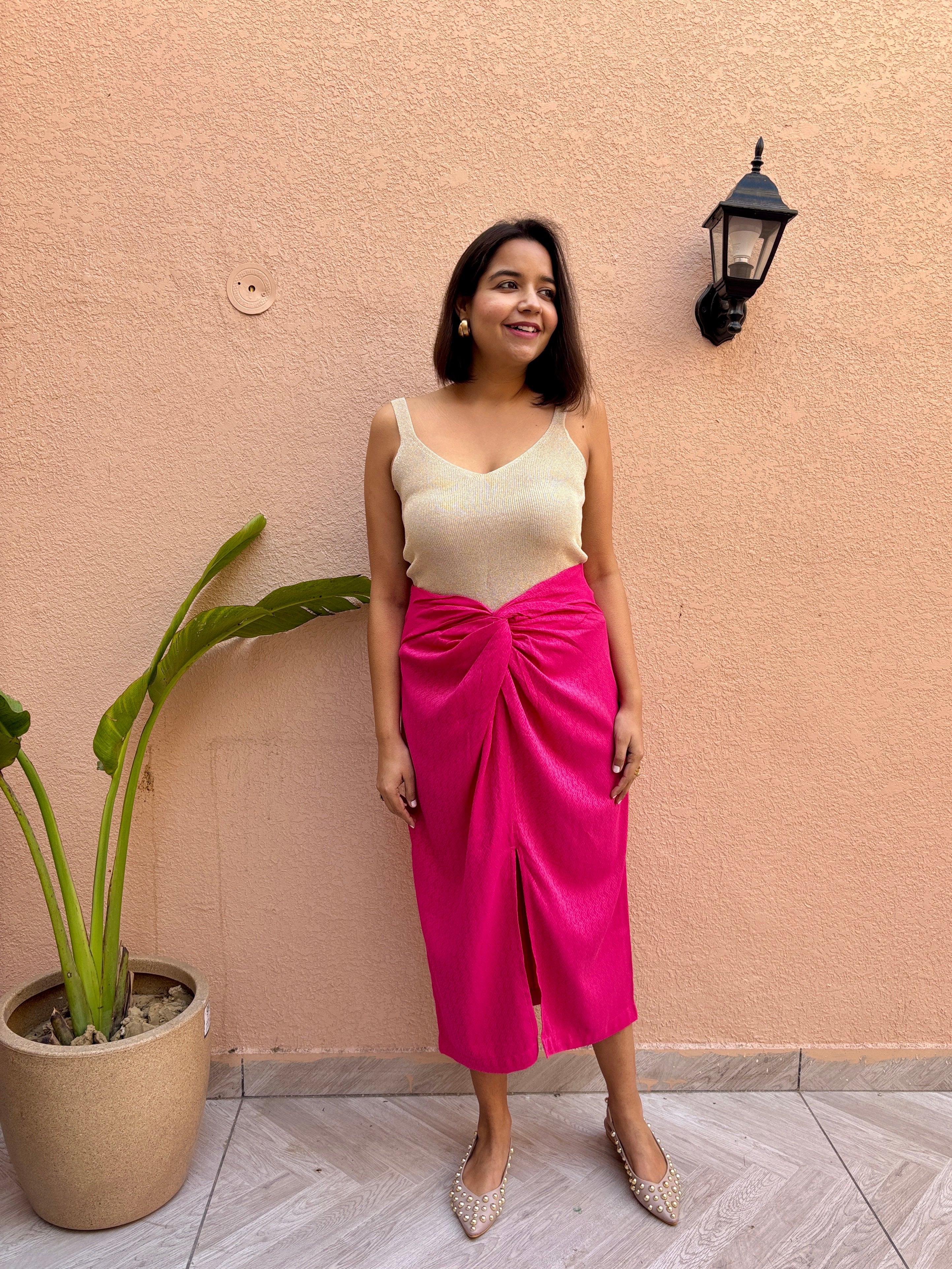Hot Pink Front Knot Midi Skirt