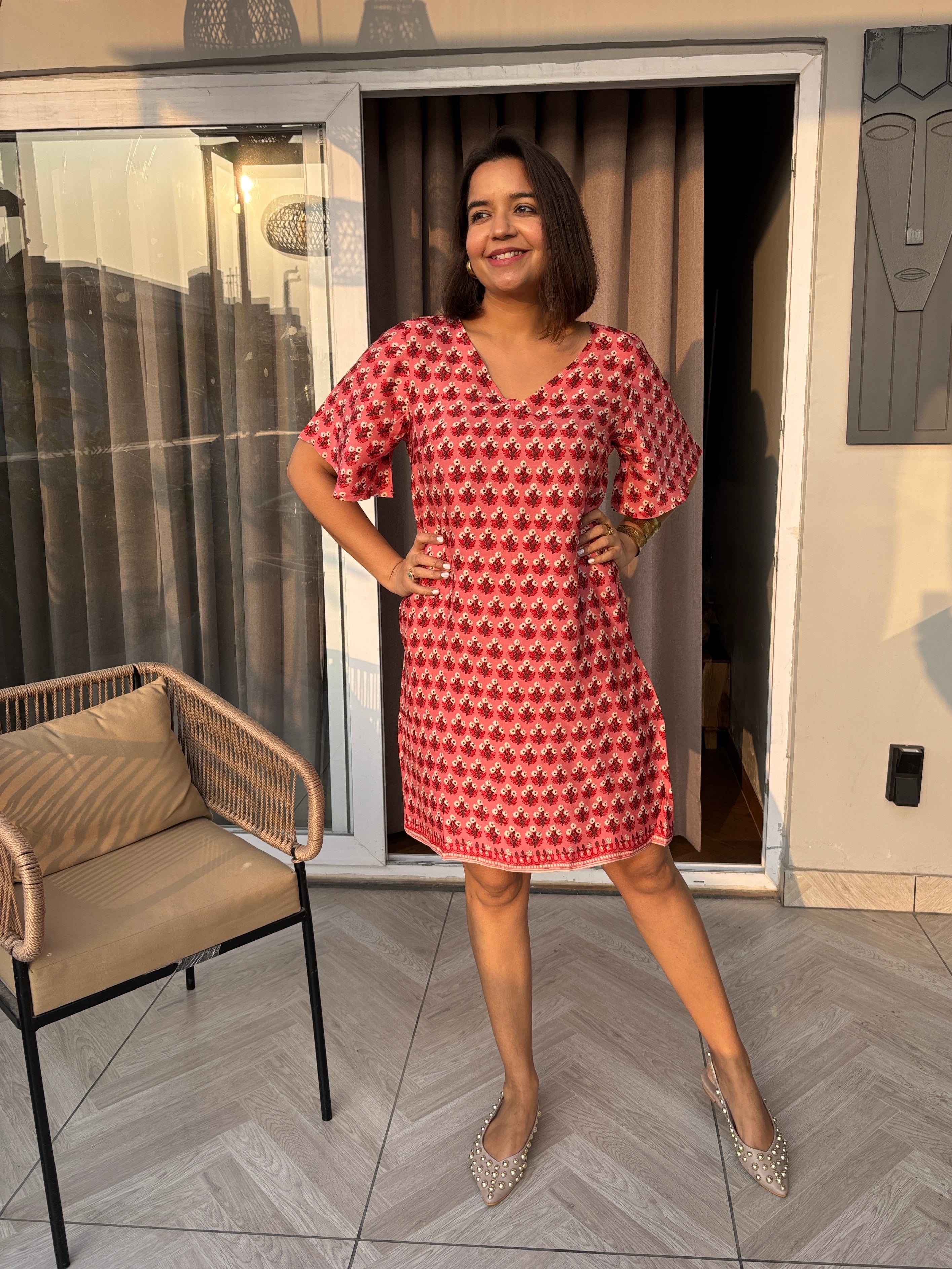Red Ditsy Floral Shift Dress with Pockets
