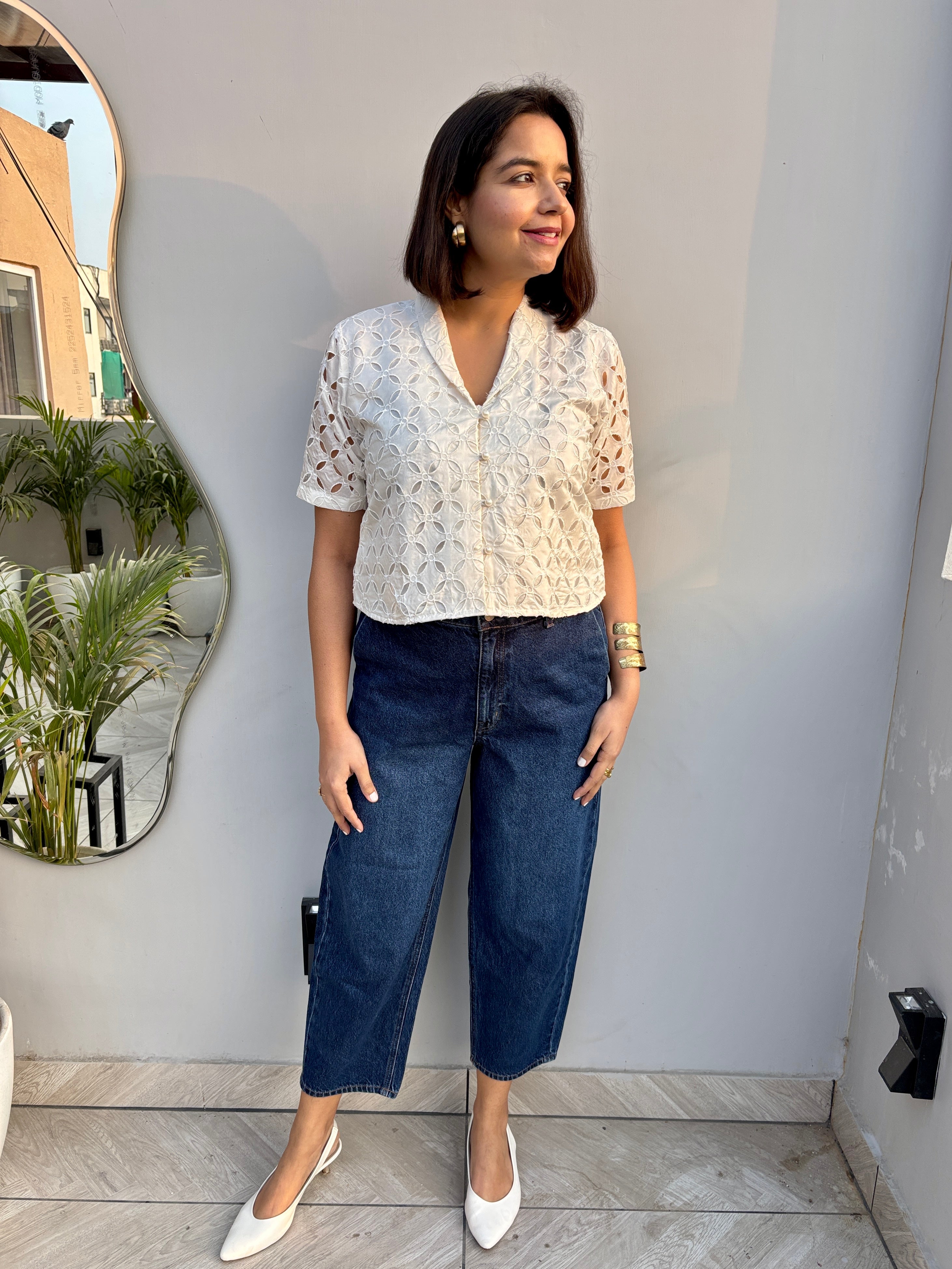 Ivory Schiffli V-Neck Shirt- S, M