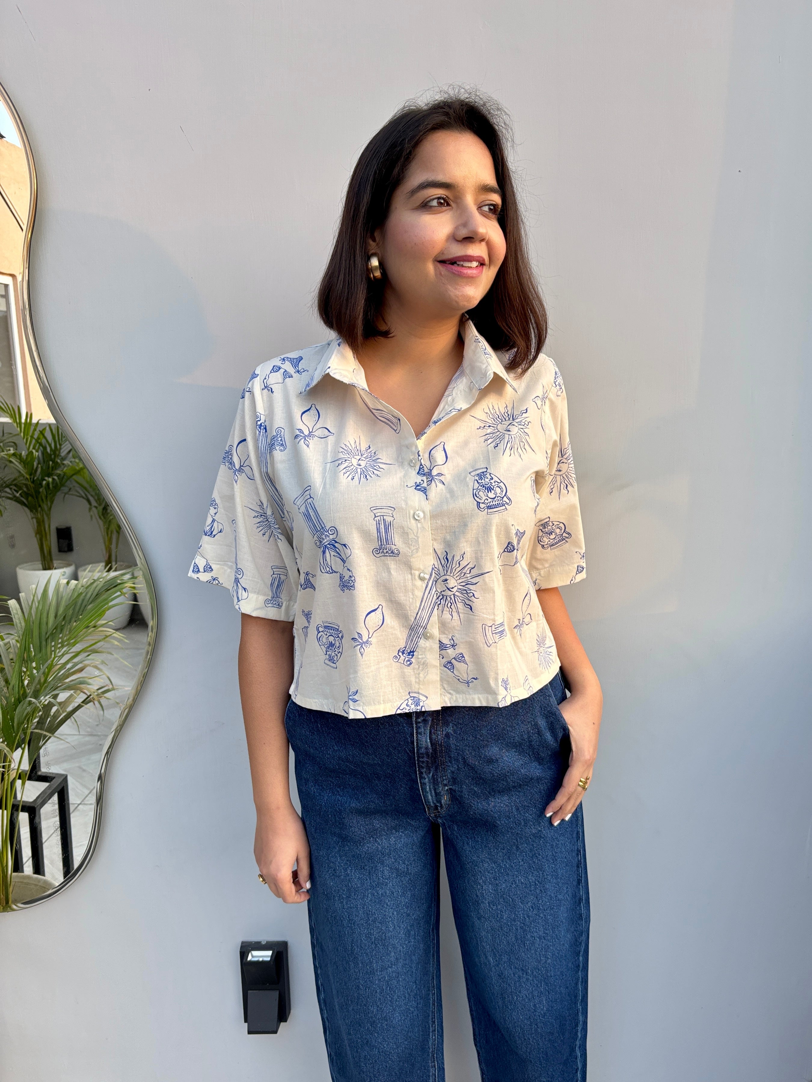 Blue Doodle Print Cotton Crop Shirt