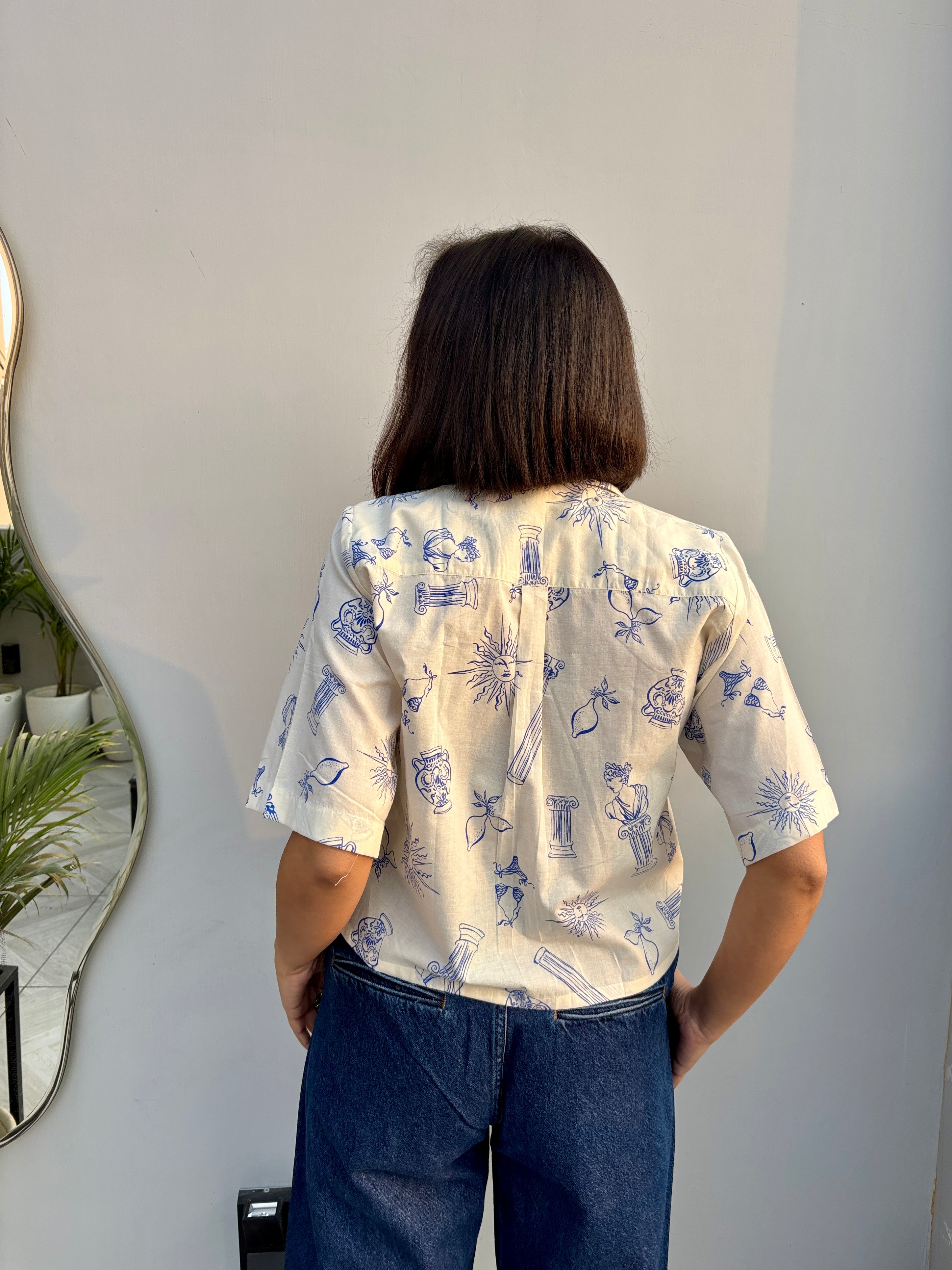 Blue Doodle Print Cotton Crop Shirt