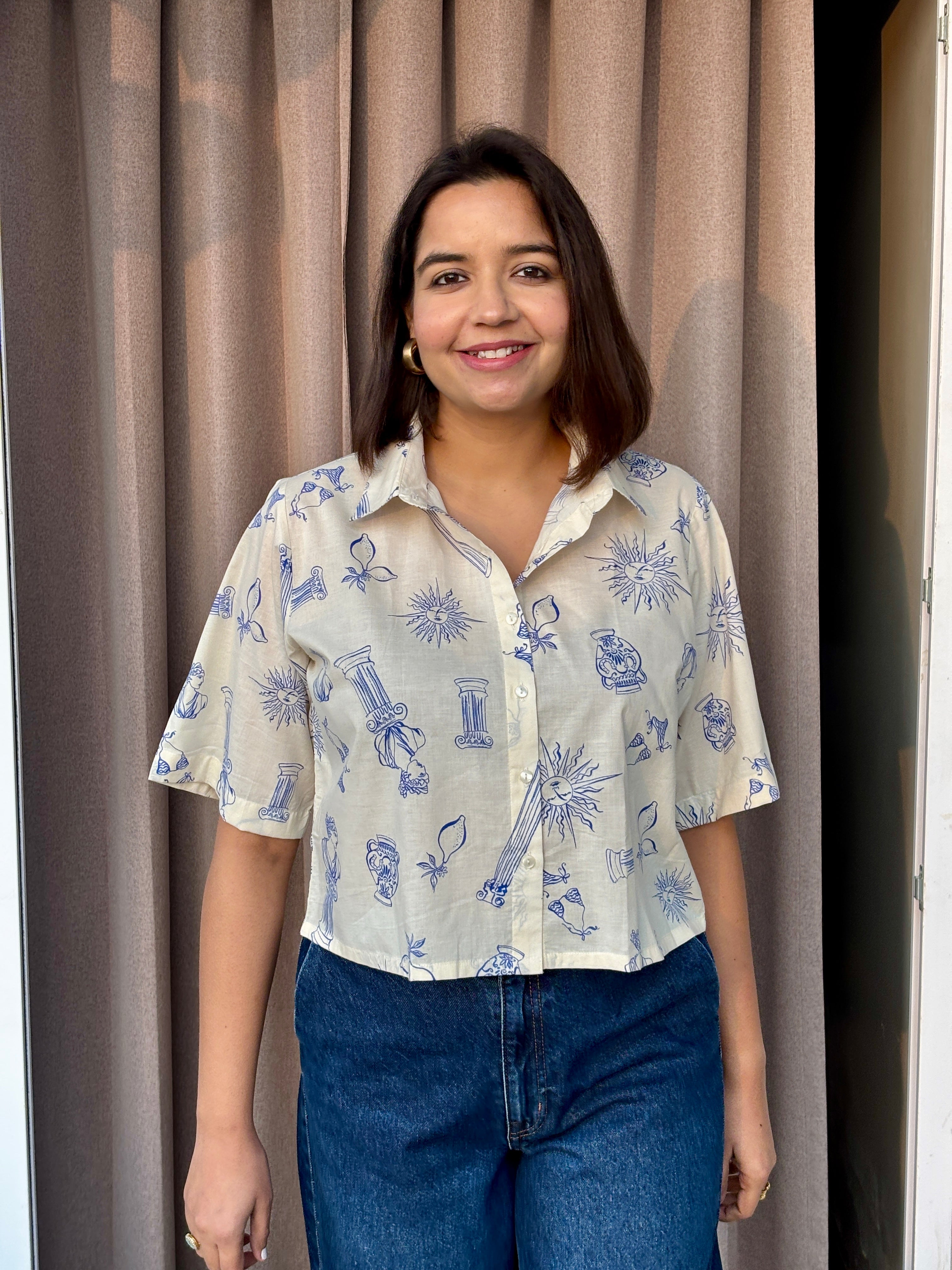 Blue Doodle Print Cotton Crop Shirt