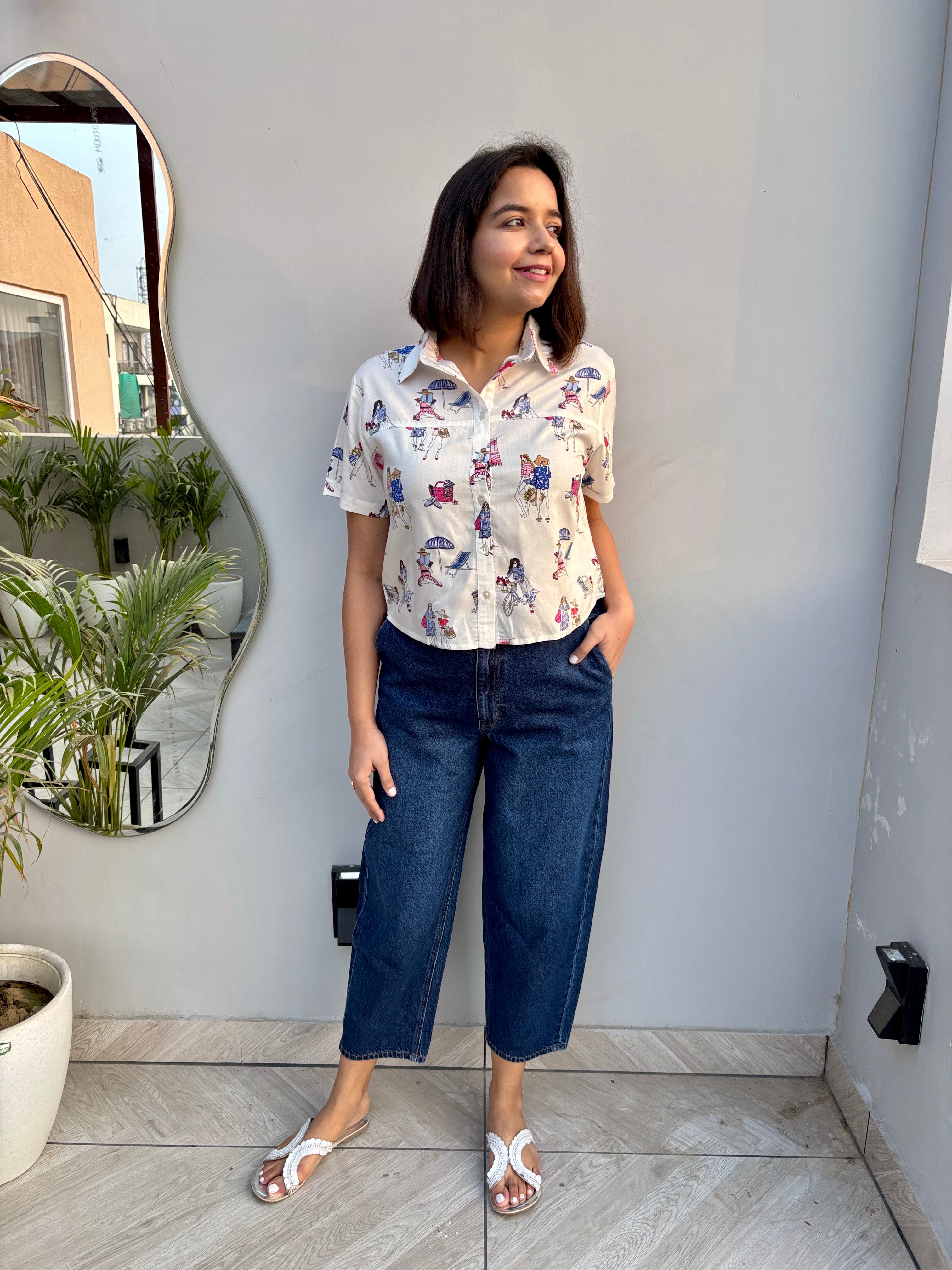 Beach Day Quirky Print Crop Shirt