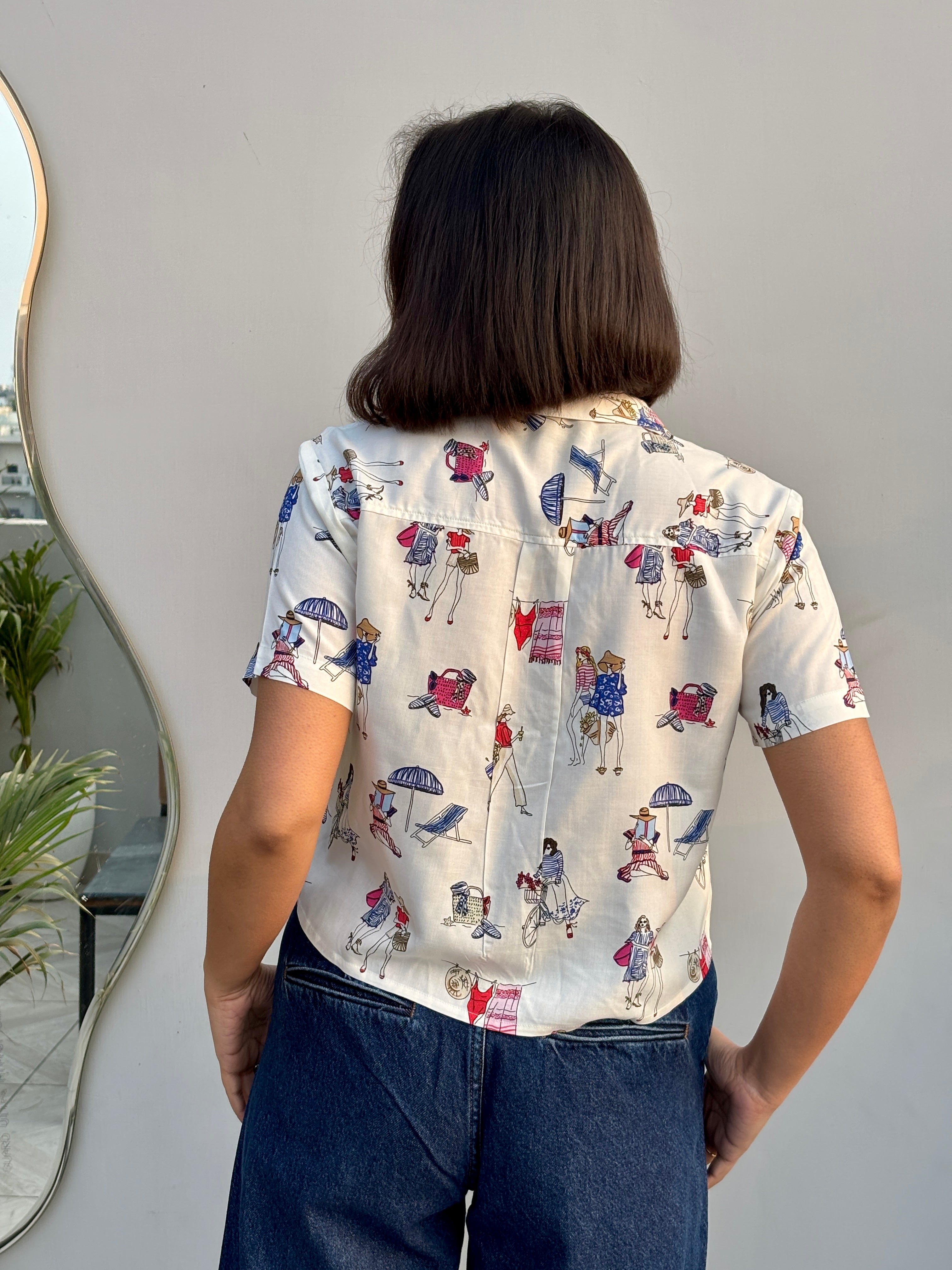 Beach Day Quirky Print Crop Shirt
