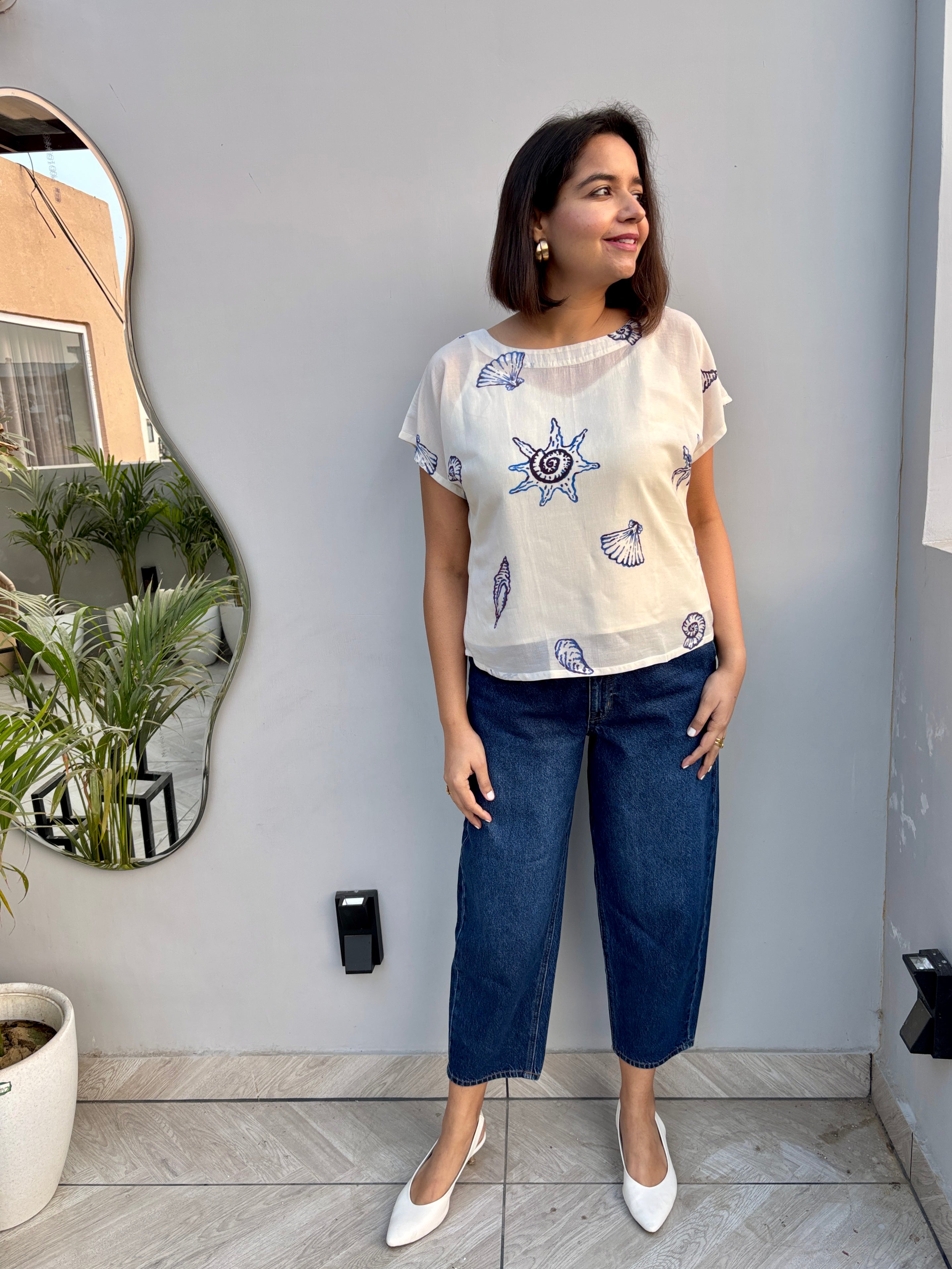 Ivory Shell Print Cotton Top