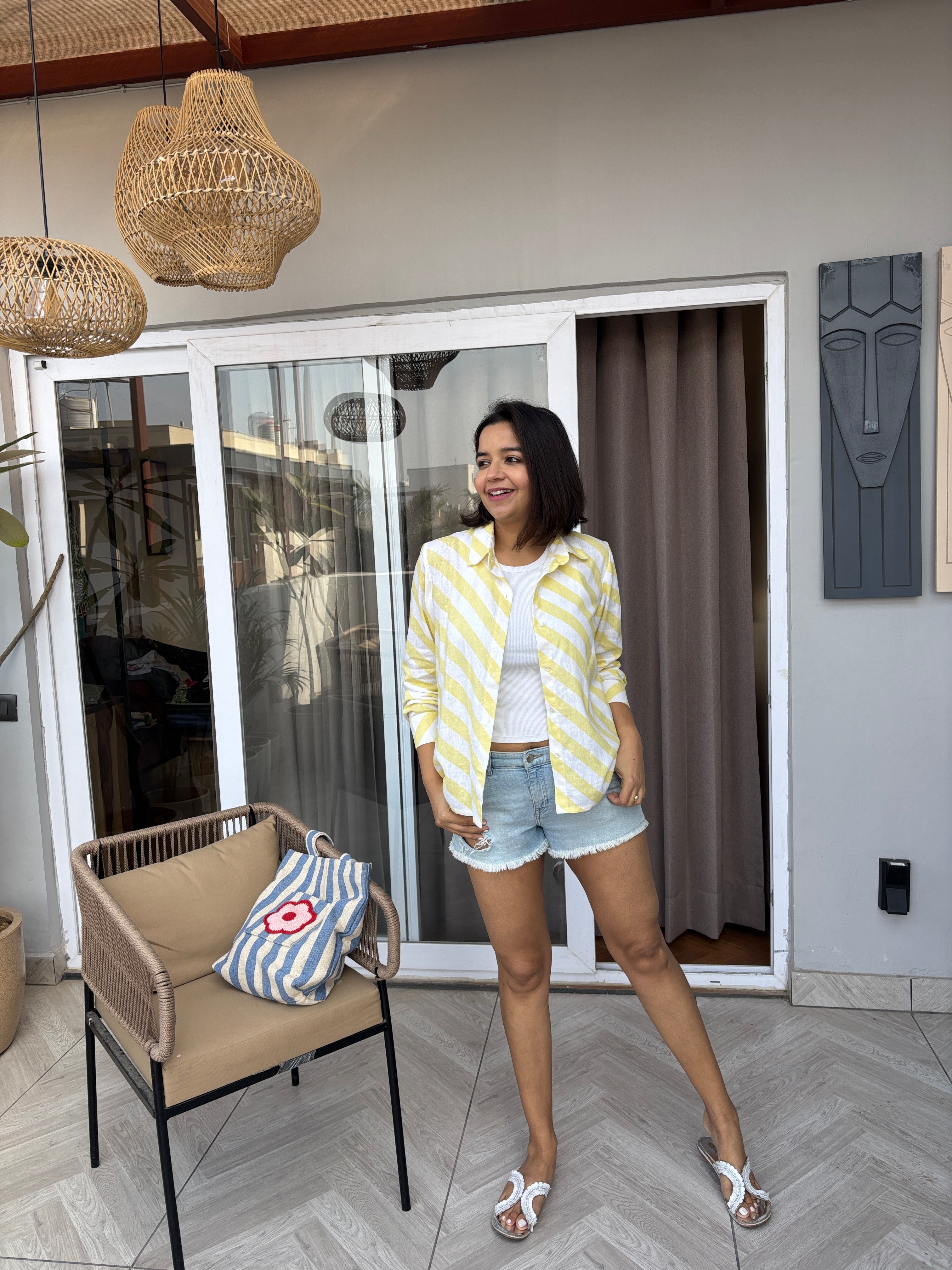 Lemon Stripe Cotton-Linen Oversized Shirt