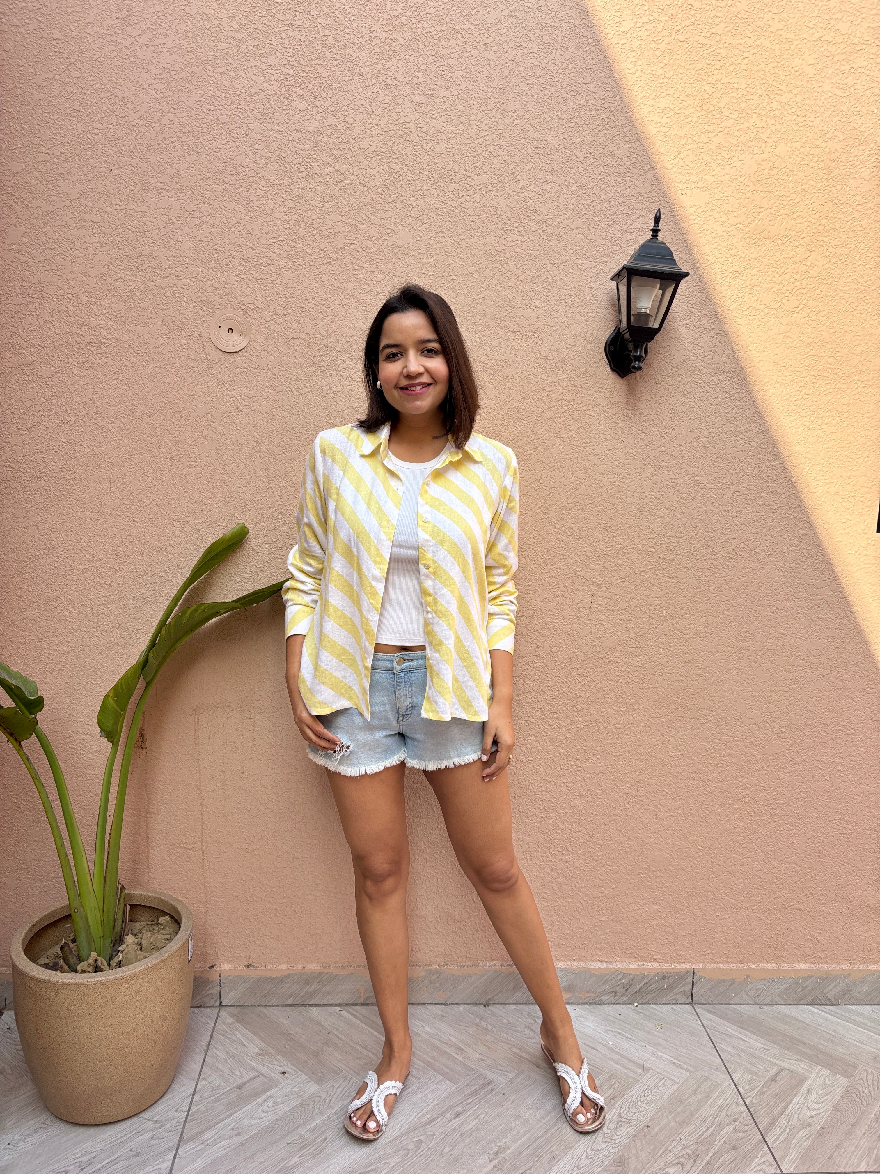 Lemon Stripe Cotton-Linen Oversized Shirt