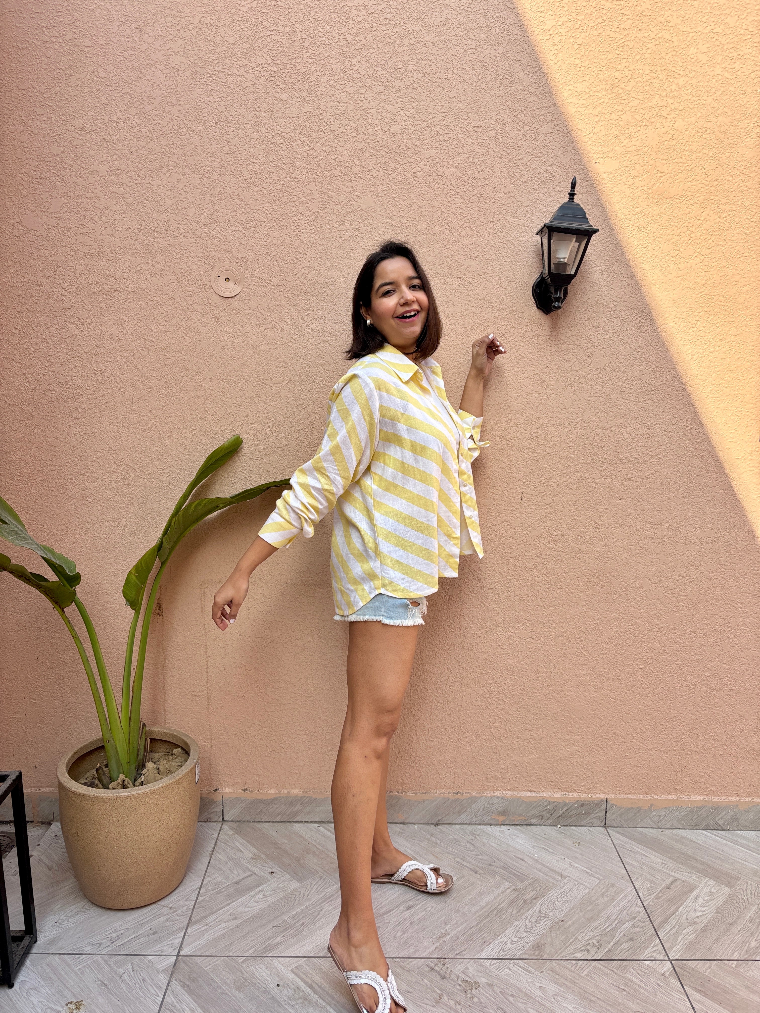 Lemon Stripe Cotton-Linen Oversized Shirt