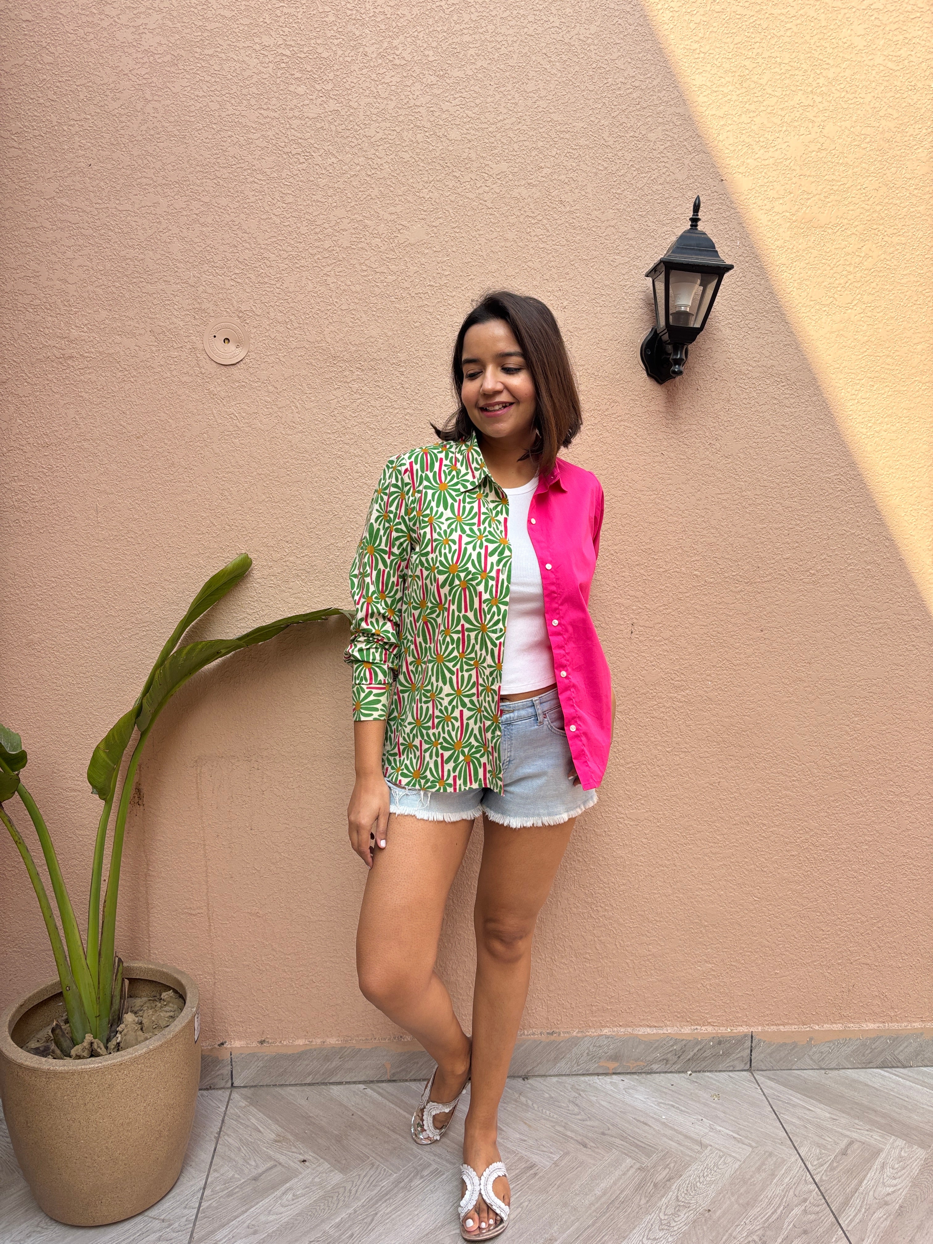 Fuchsia & Green Printed Oversized Cotton Shirt