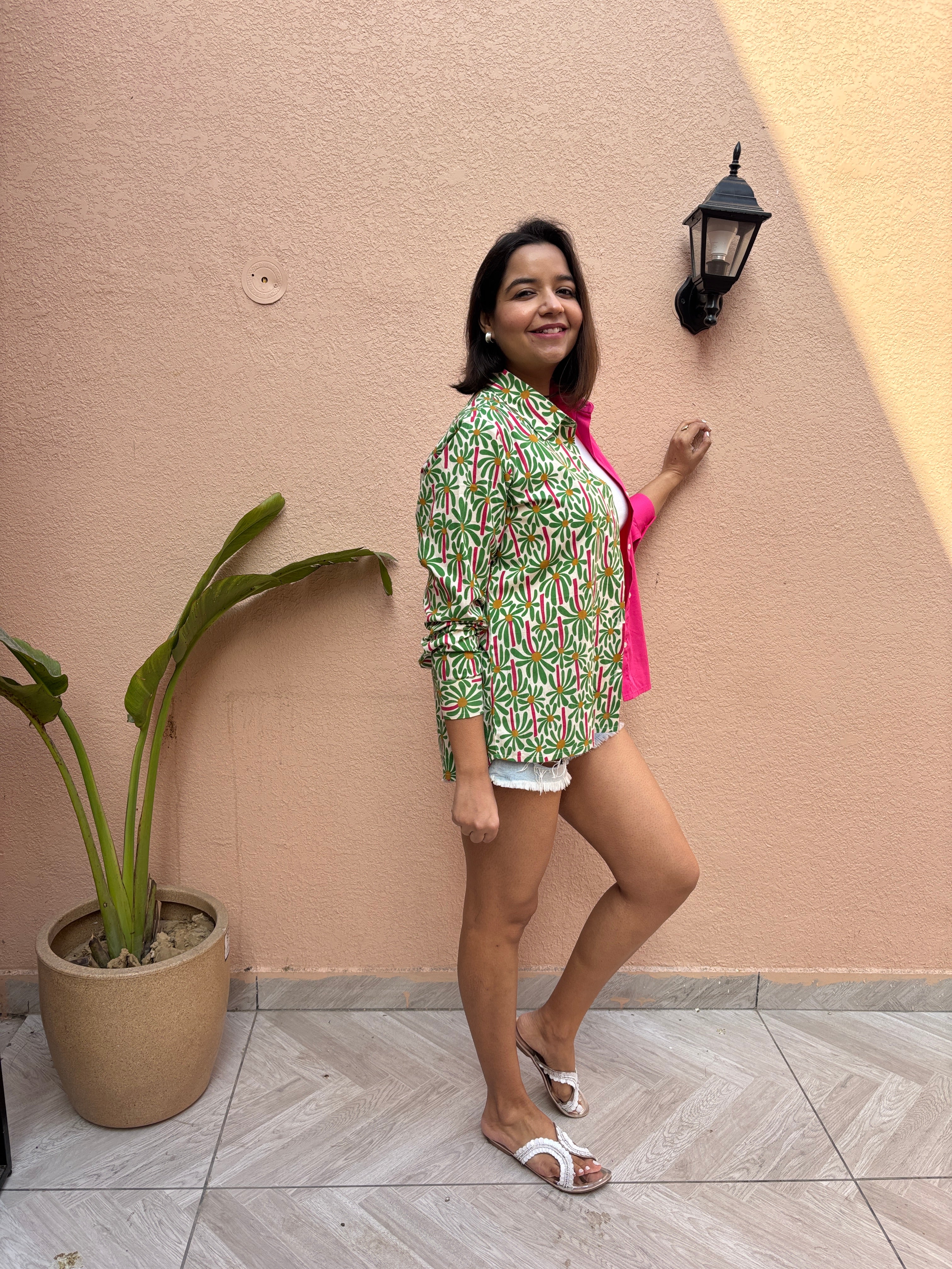 Fuchsia & Green Printed Oversized Cotton Shirt