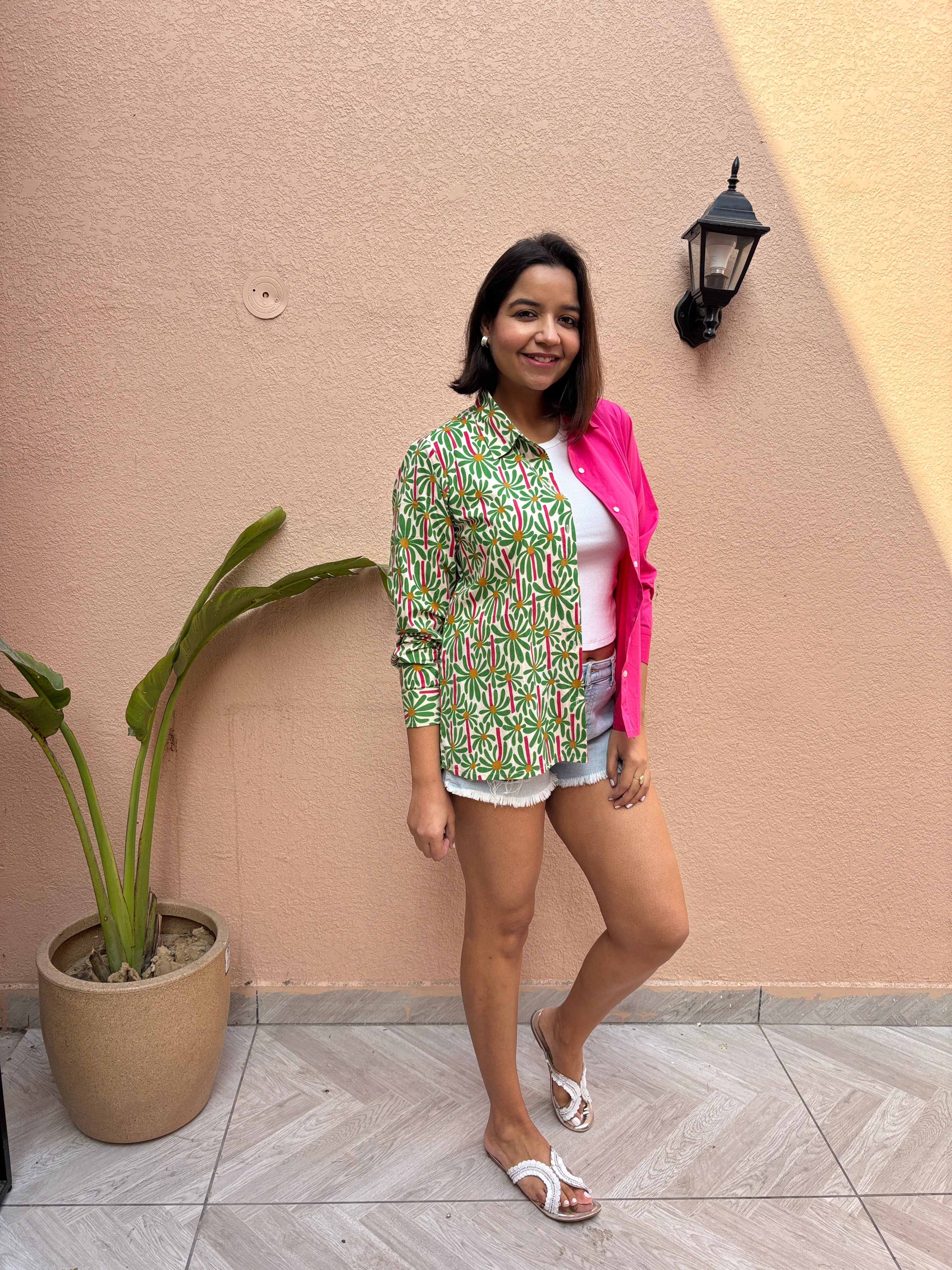 Fuchsia & Green Printed Oversized Cotton Shirt