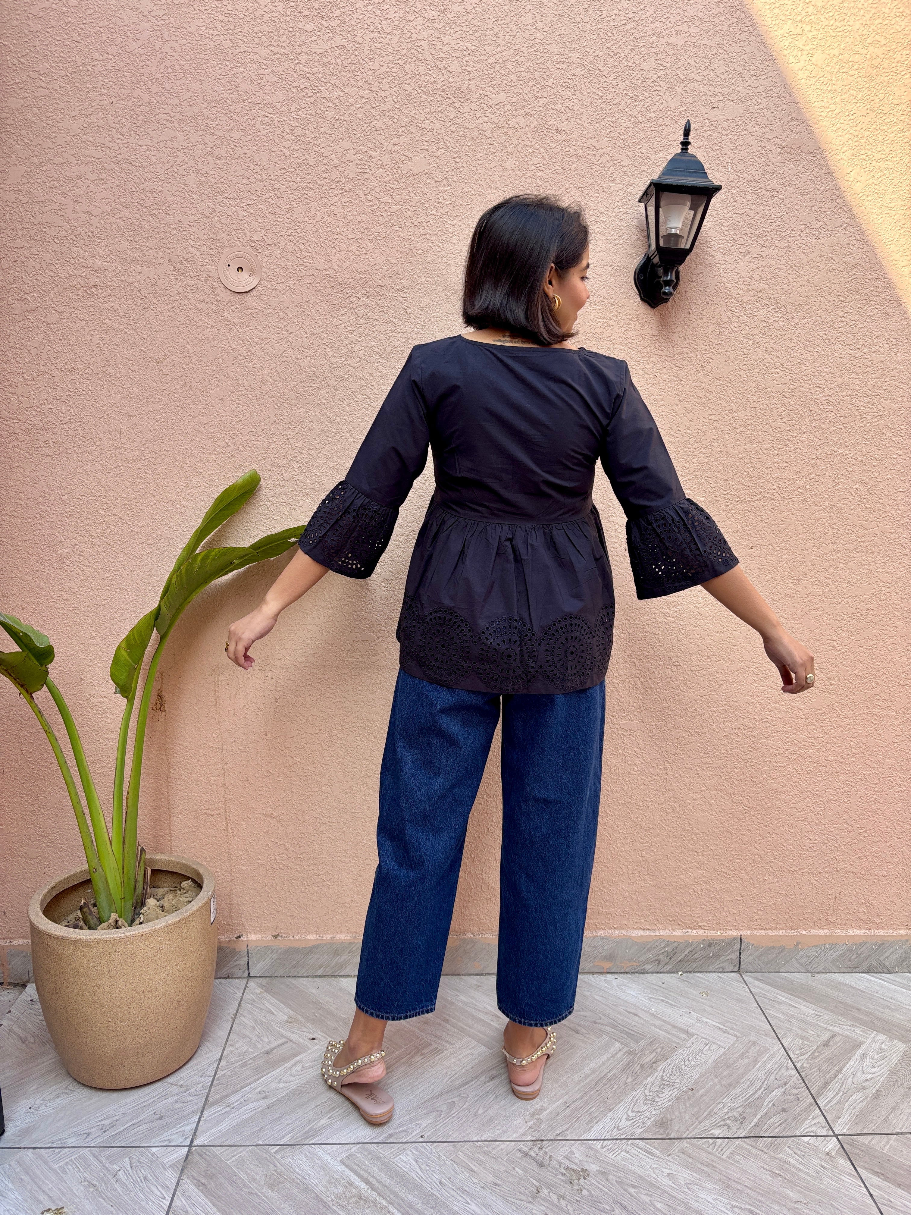 Black Cotton Schiffli Peplum Top