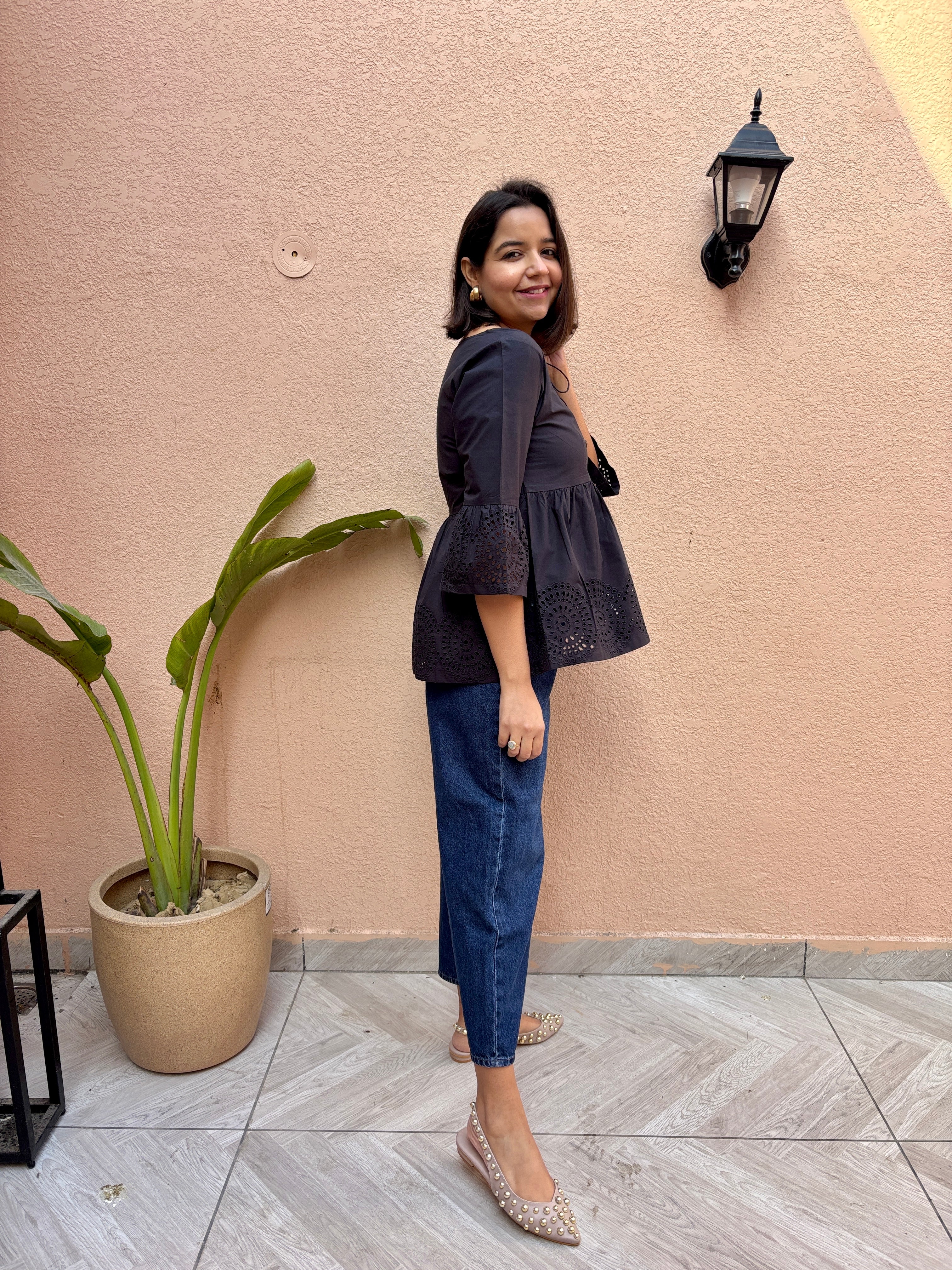 Black Cotton Schiffli Peplum Top