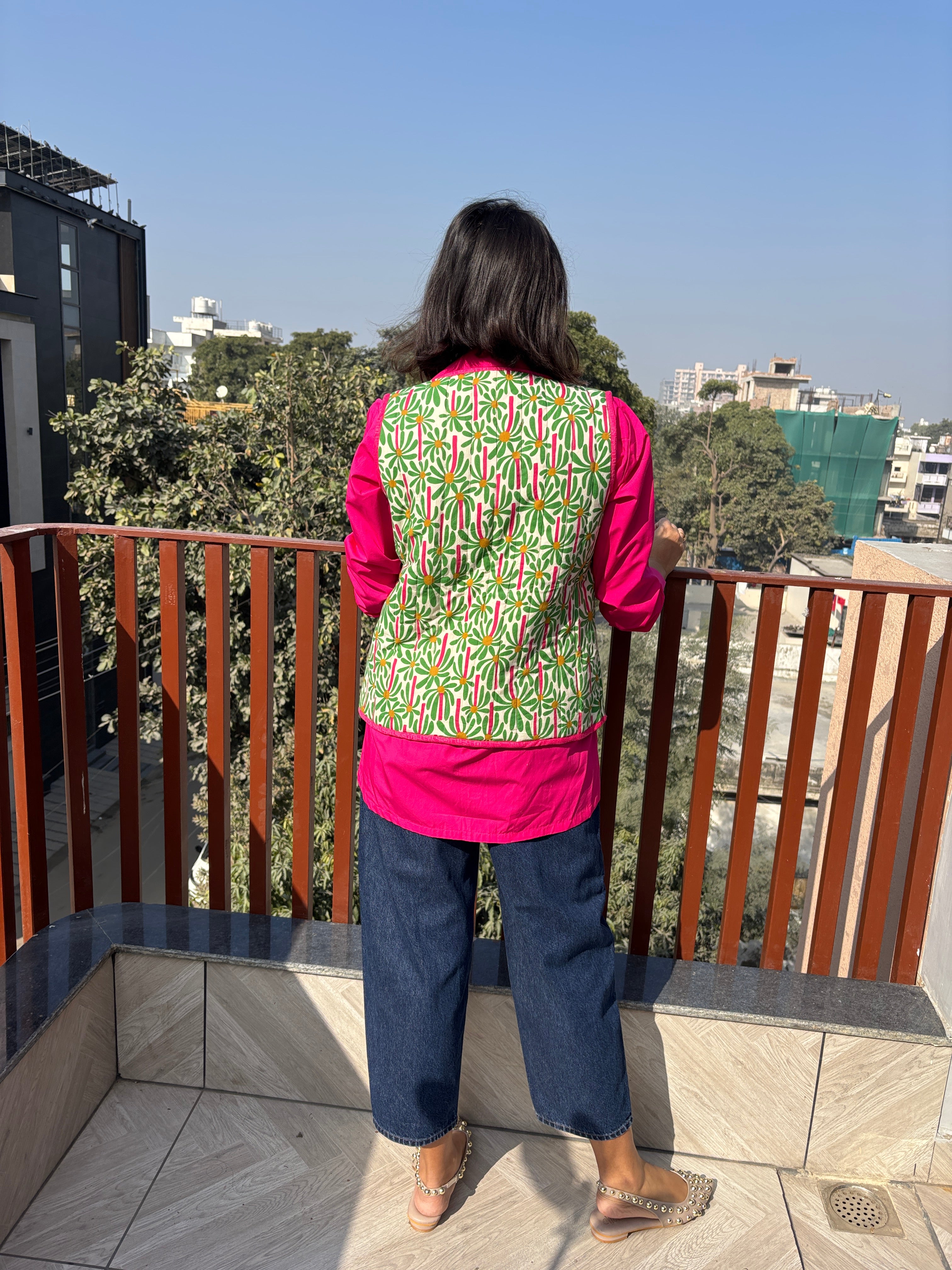 Green Floral Quilted Cotton Jacket with Pockets