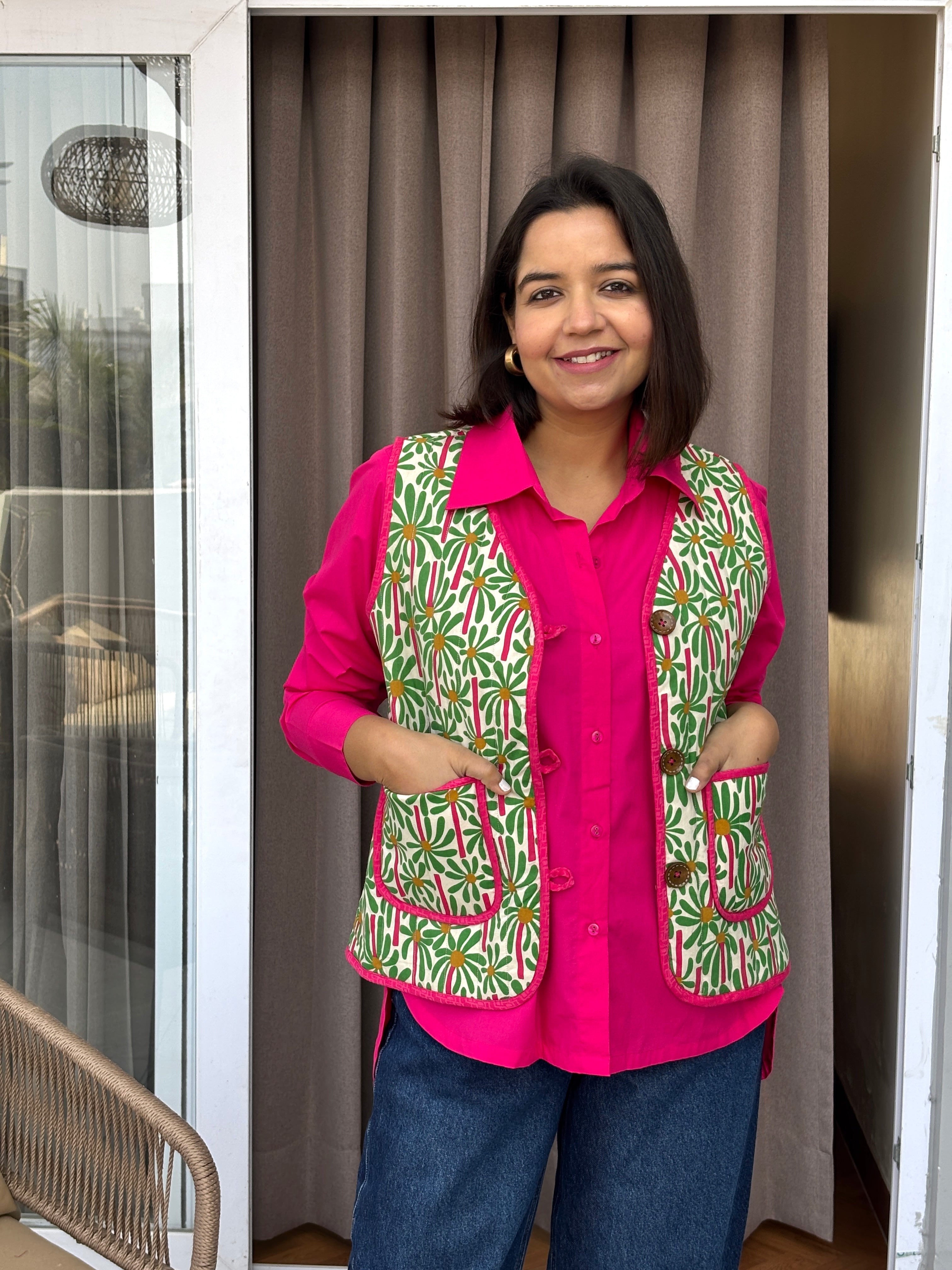 Green Floral Quilted Cotton Jacket with Pockets