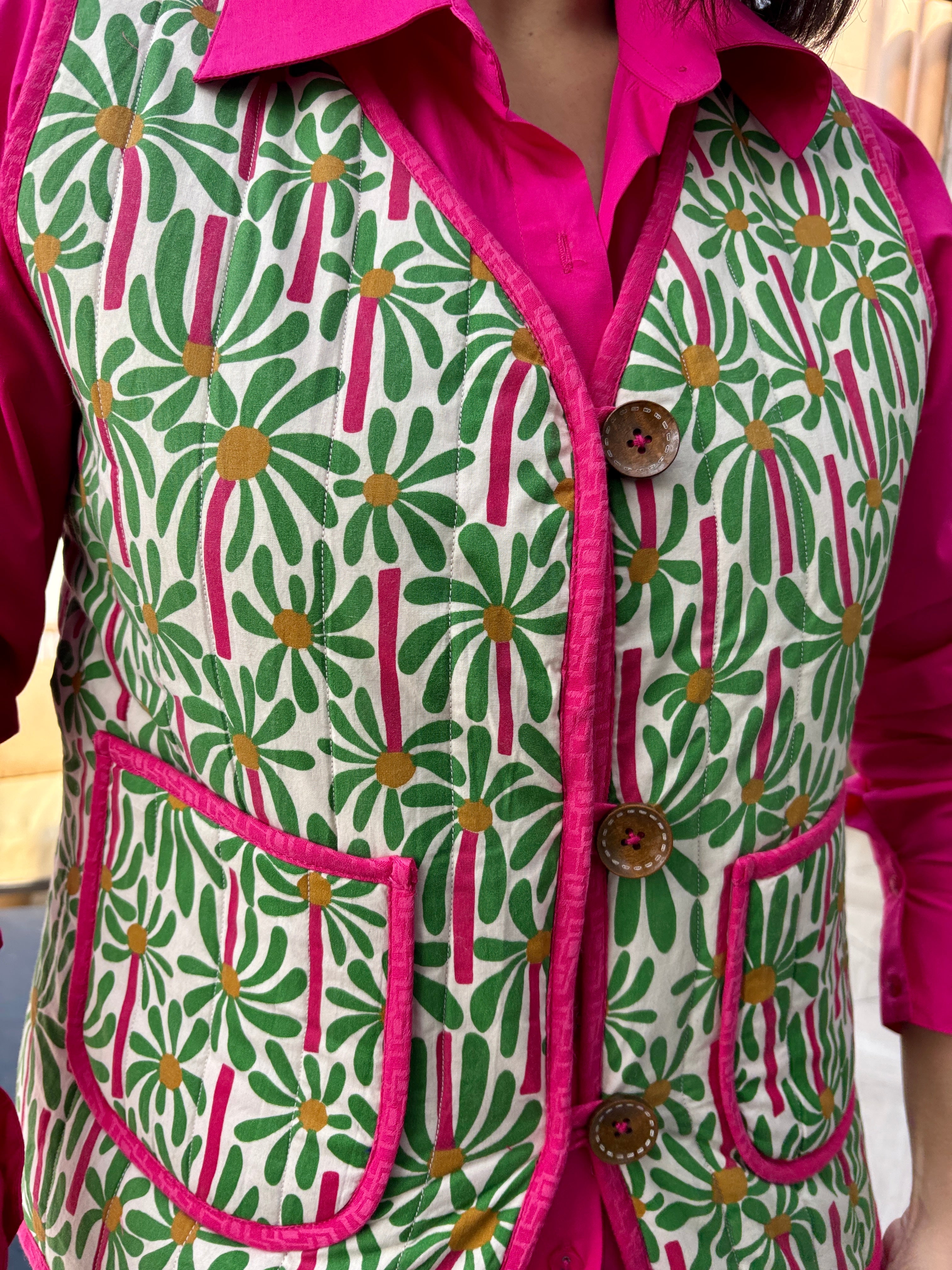 Green Floral Quilted Cotton Jacket with Pockets