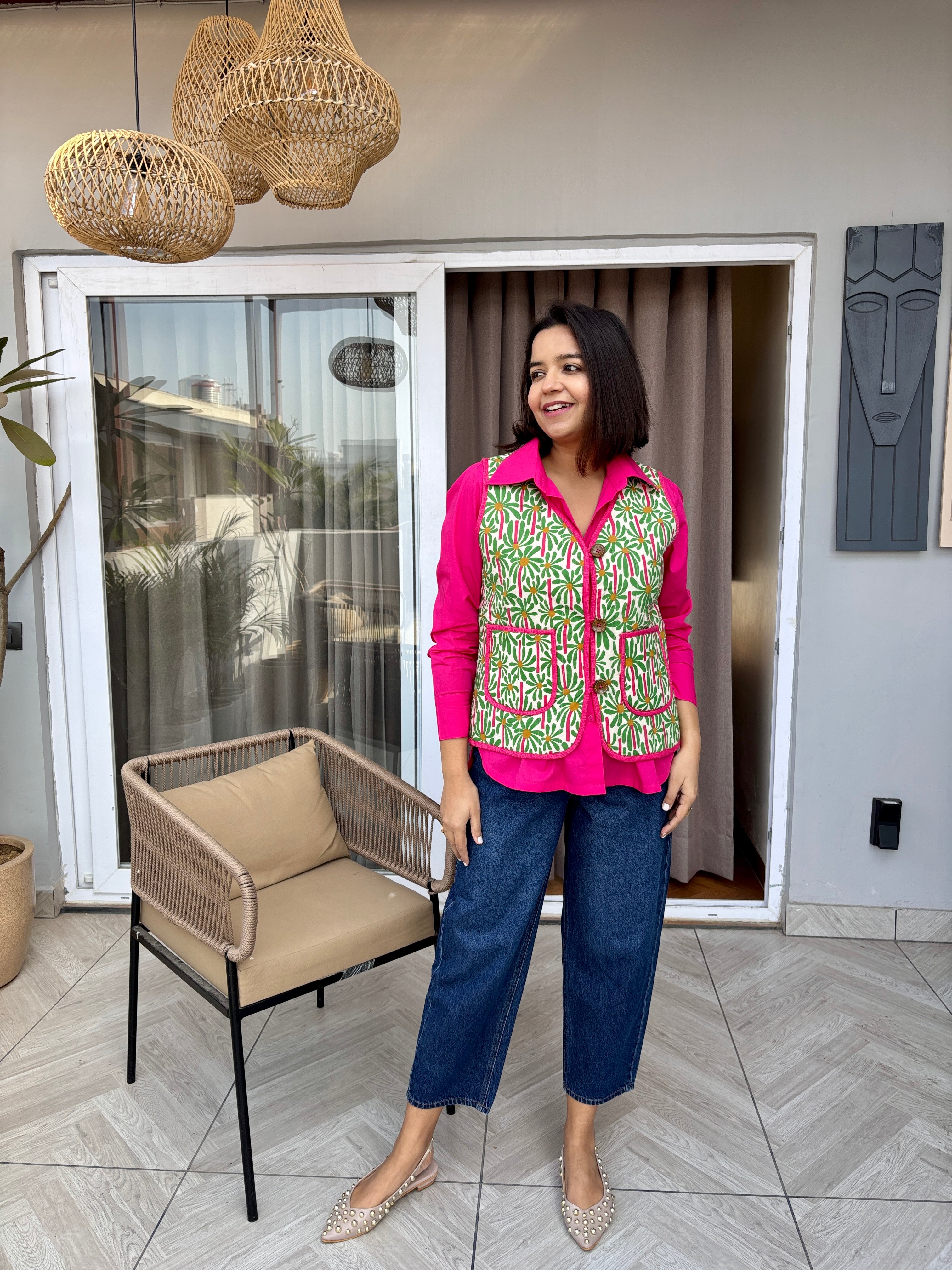 Green Floral Quilted Cotton Jacket with Pockets