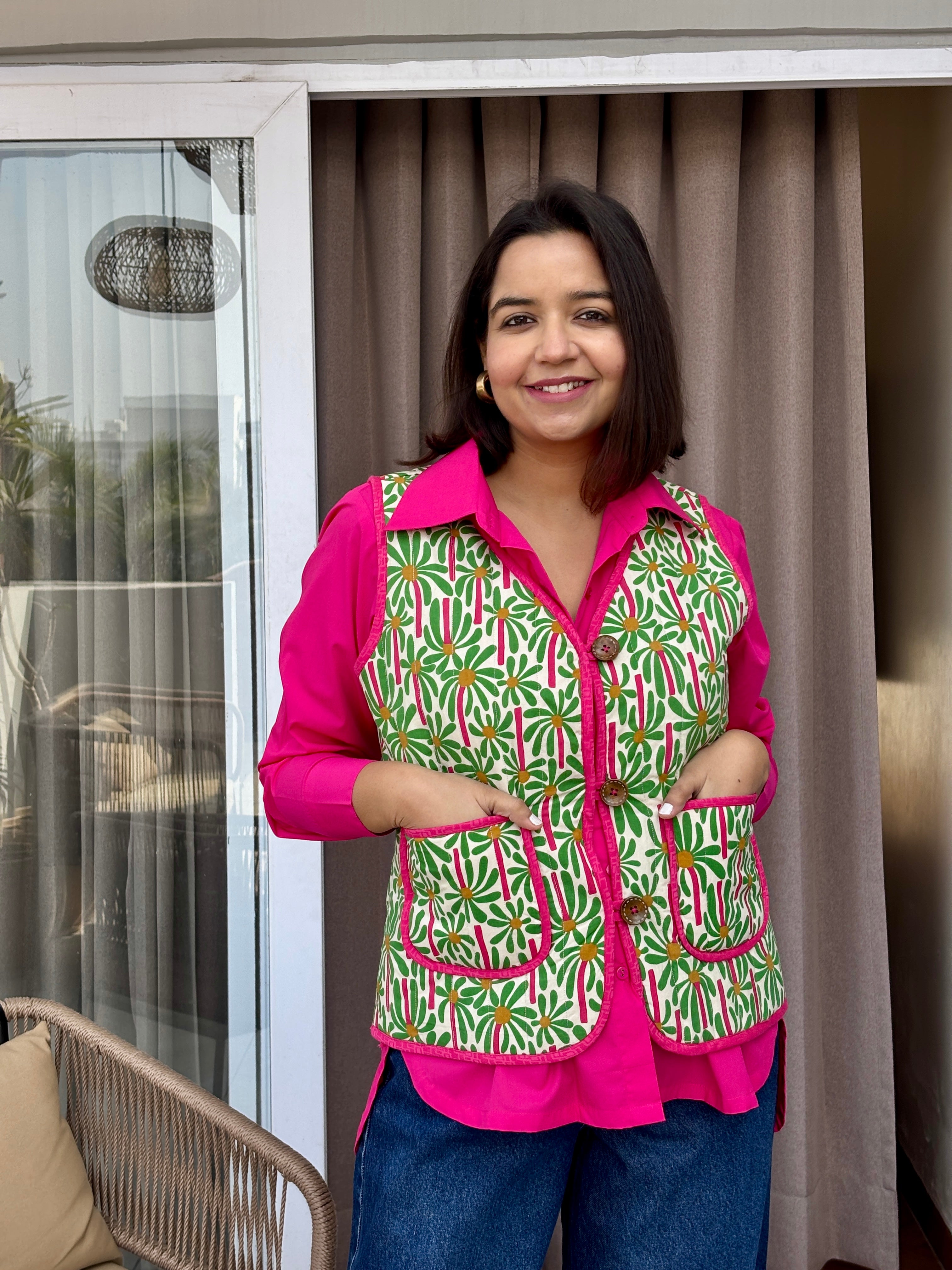 Green Floral Quilted Cotton Jacket with Pockets