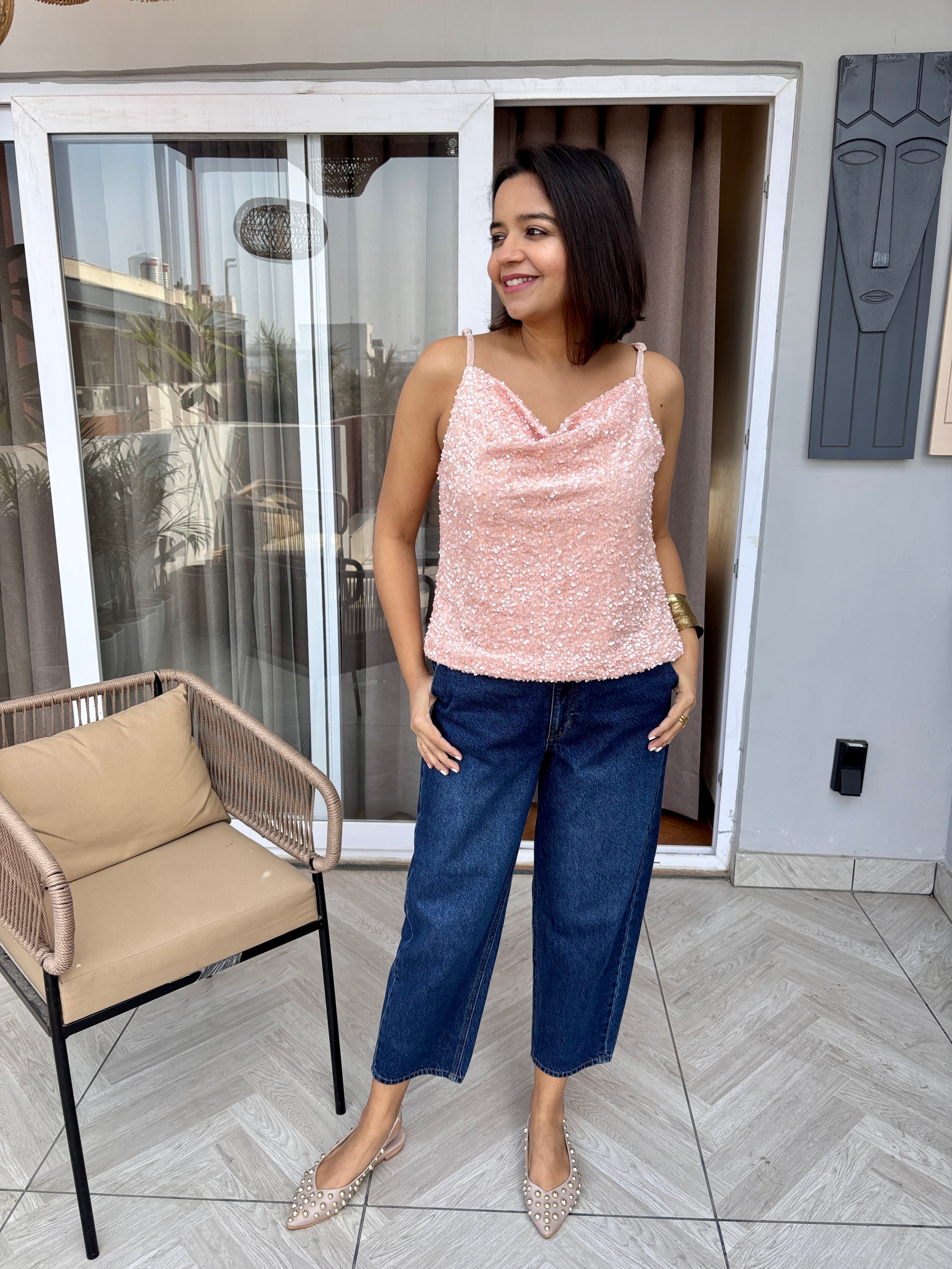 Blush Sequin Velvet Cowl Neck Top