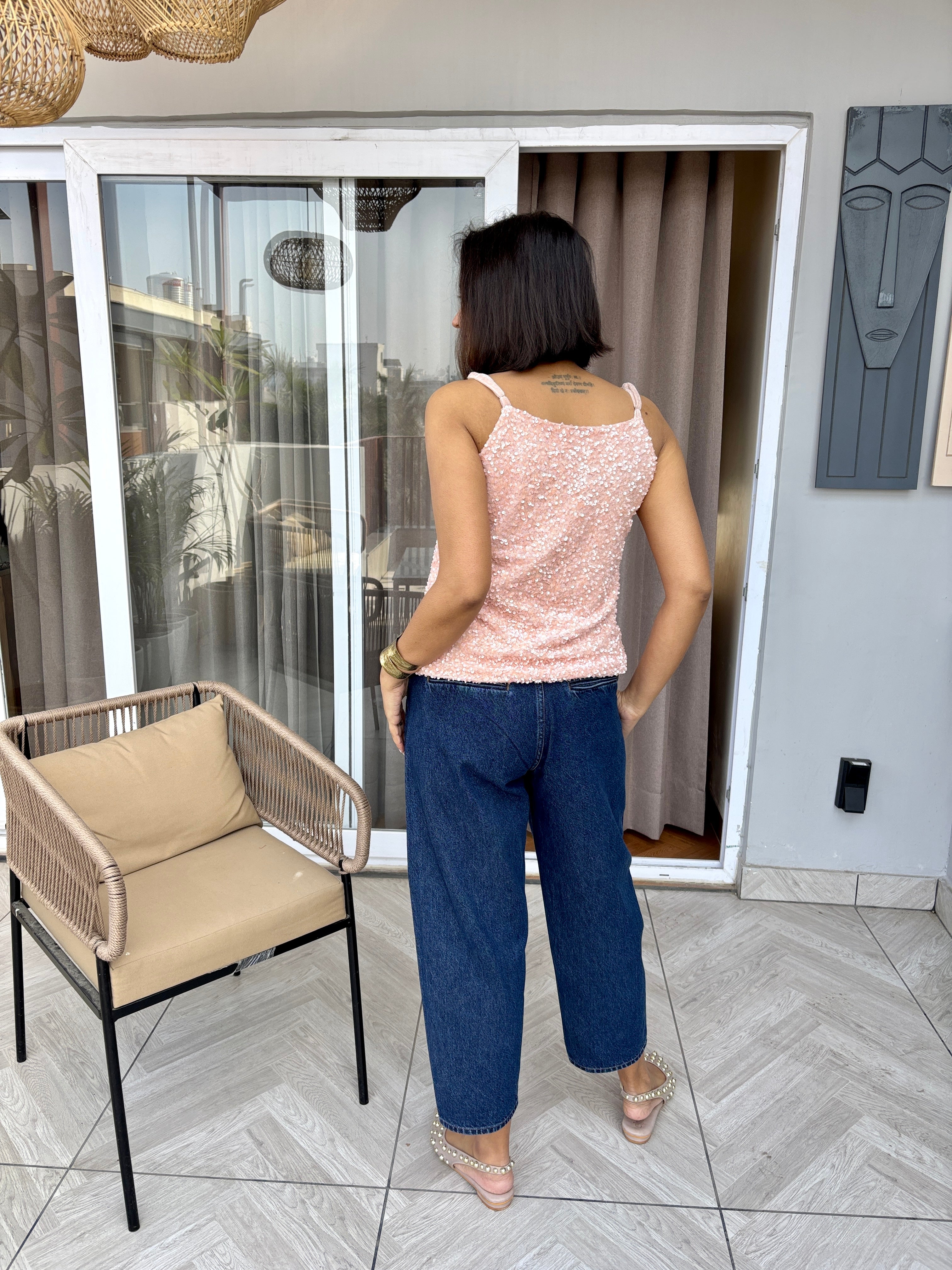 Blush Sequin Velvet Cowl Neck Top