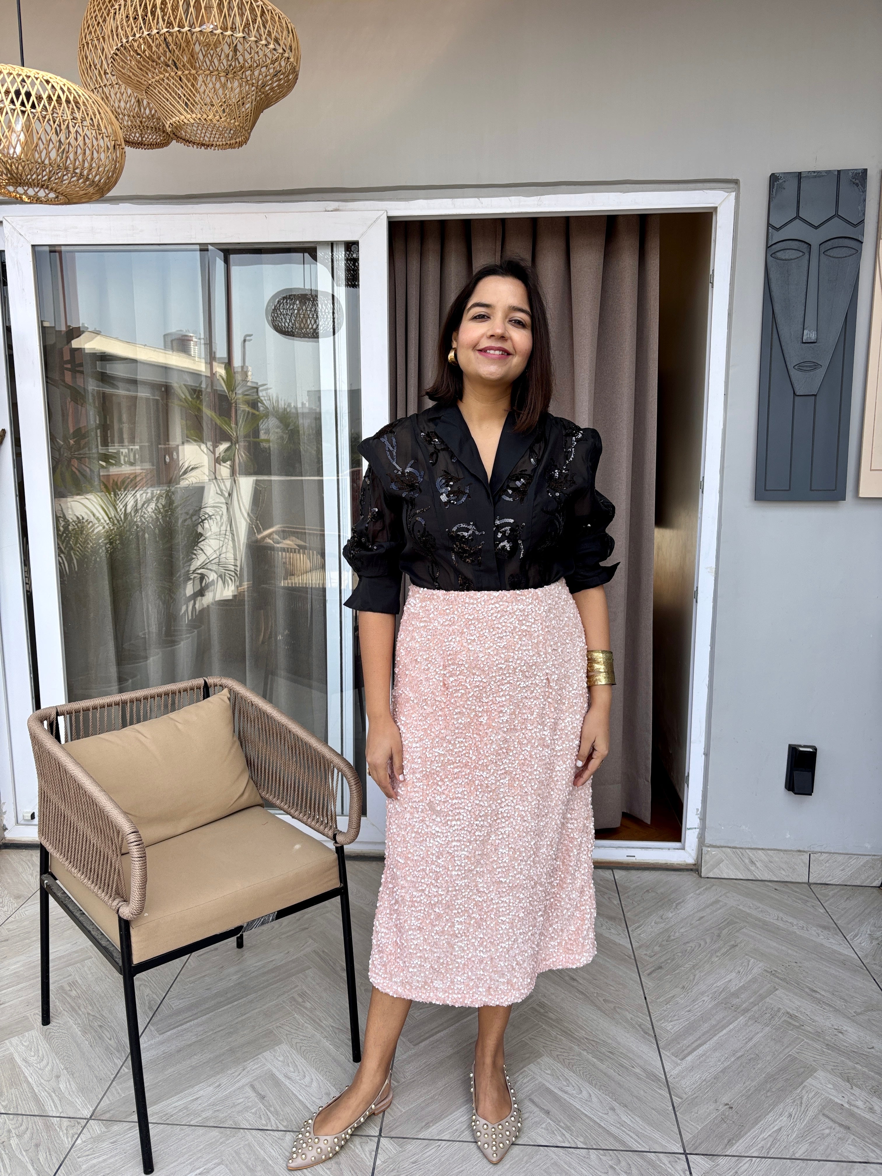 Blush Sequin Velvet Midi Skirt