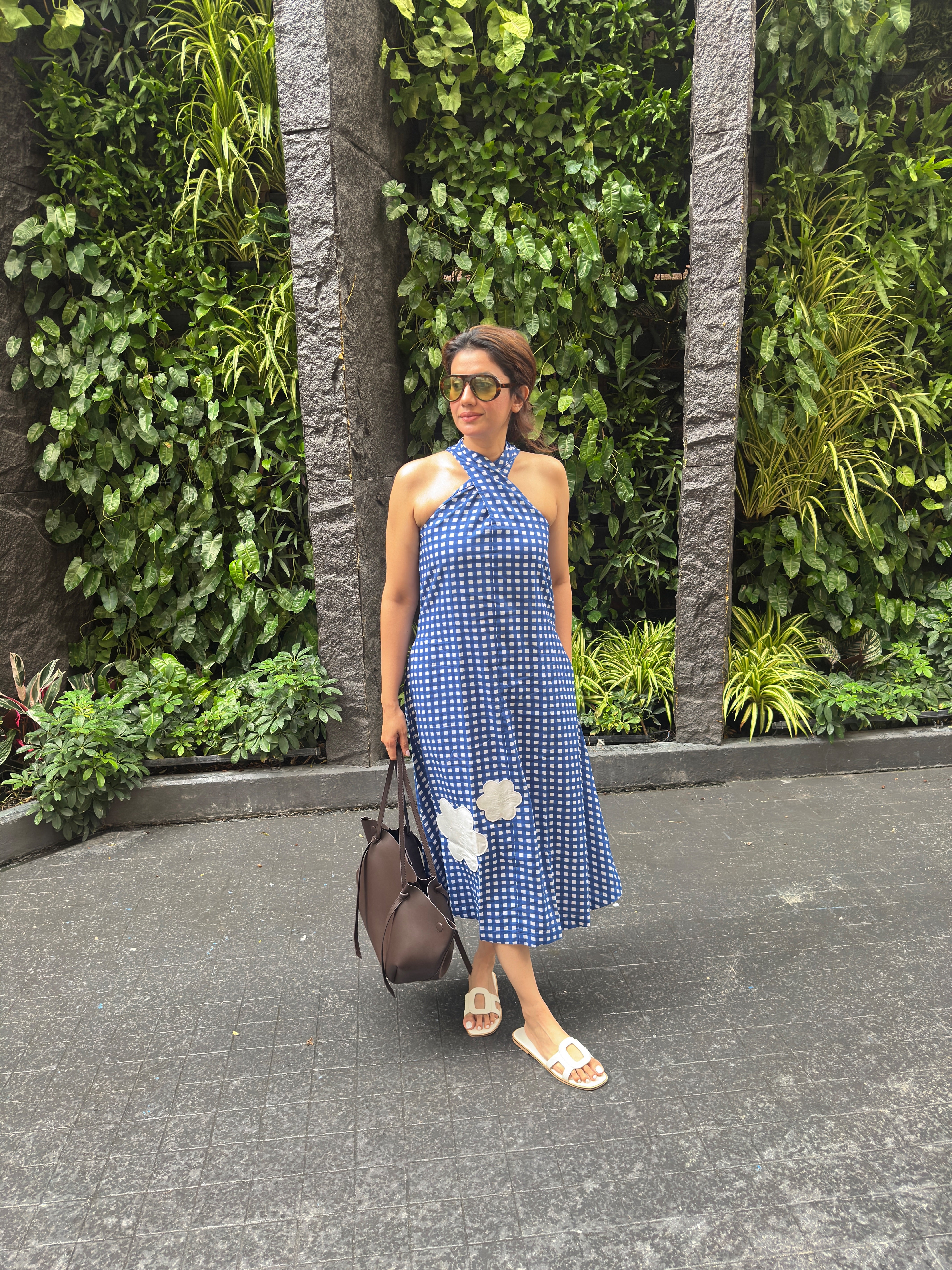 Blue Gingham Twist Halter Applique Maxi Dress