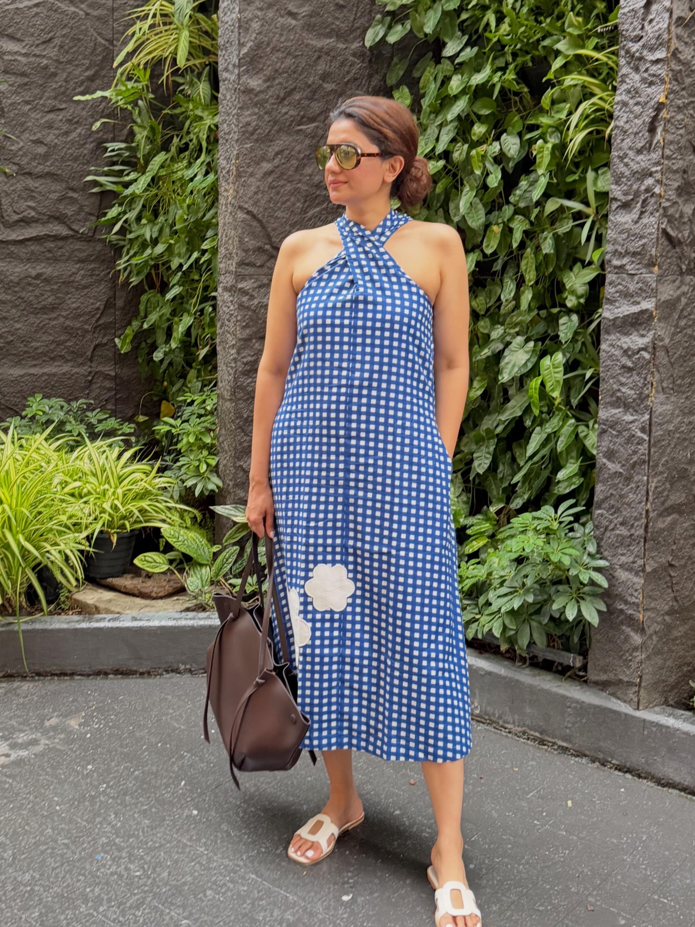 Blue Gingham Twist Halter Applique Maxi Dress